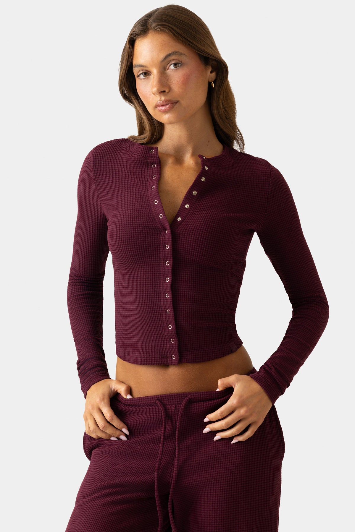 Ribbed Jersey Crewneck Cardigan  in Burgundy
