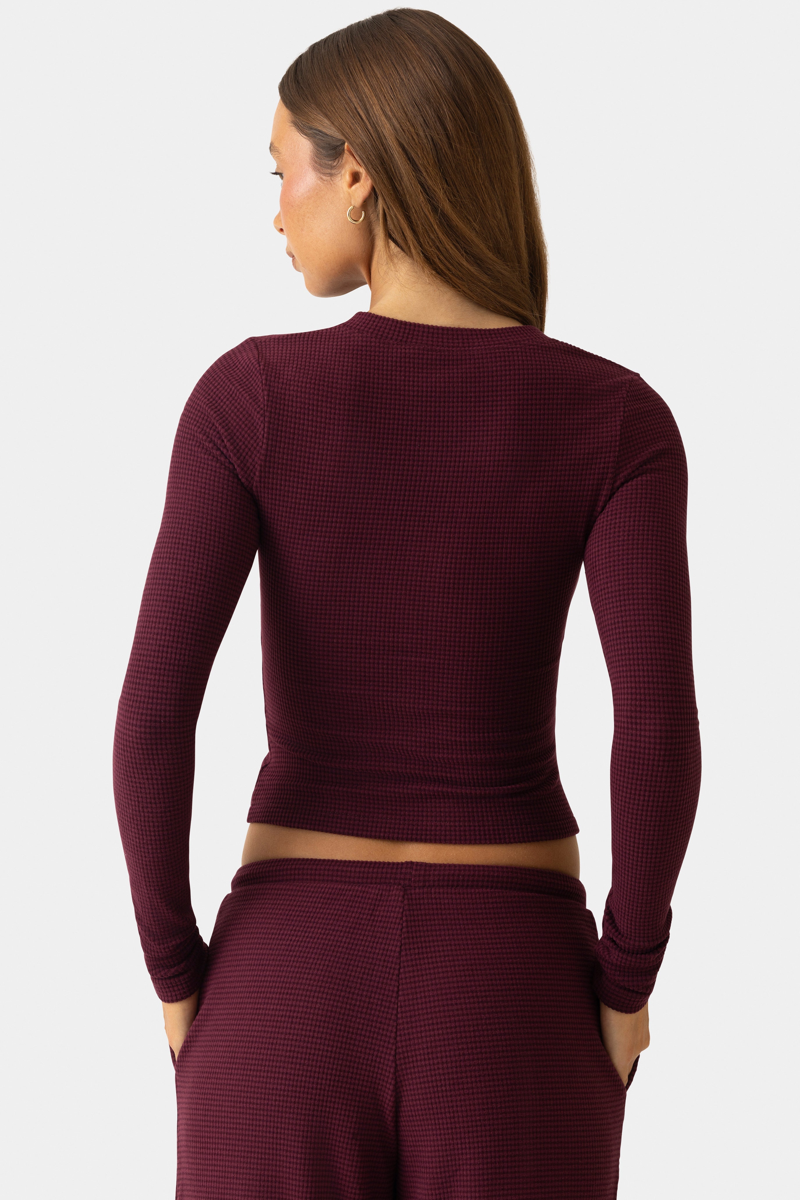 Ribbed Jersey Crewneck Cardigan  in Burgundy