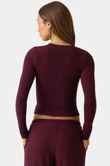 Ribbed Jersey Crewneck Cardigan  in Burgundy