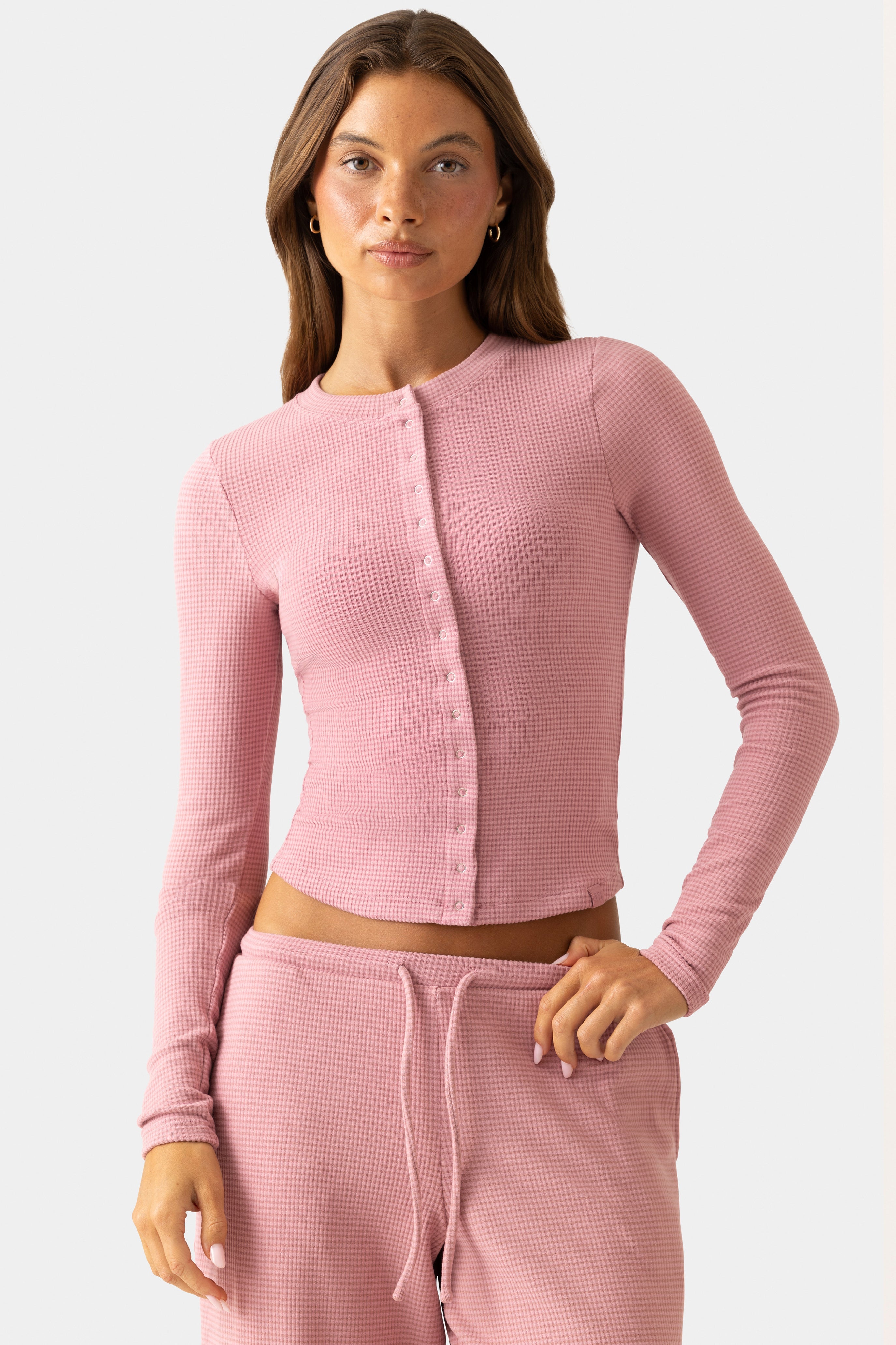 Ribbed Jersey Crewneck Cardigan  in Mauve