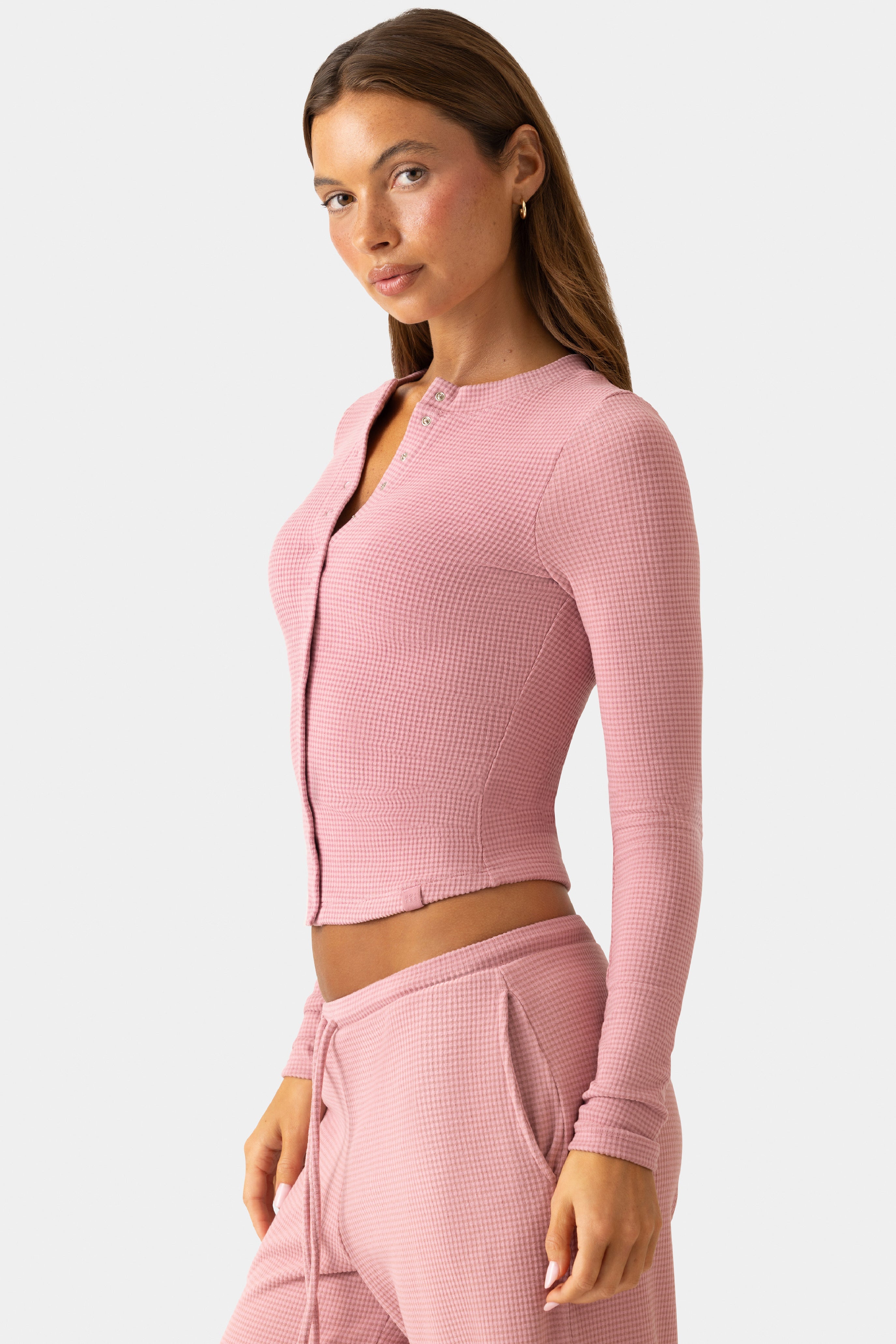 Ribbed Jersey Crewneck Cardigan  in Mauve