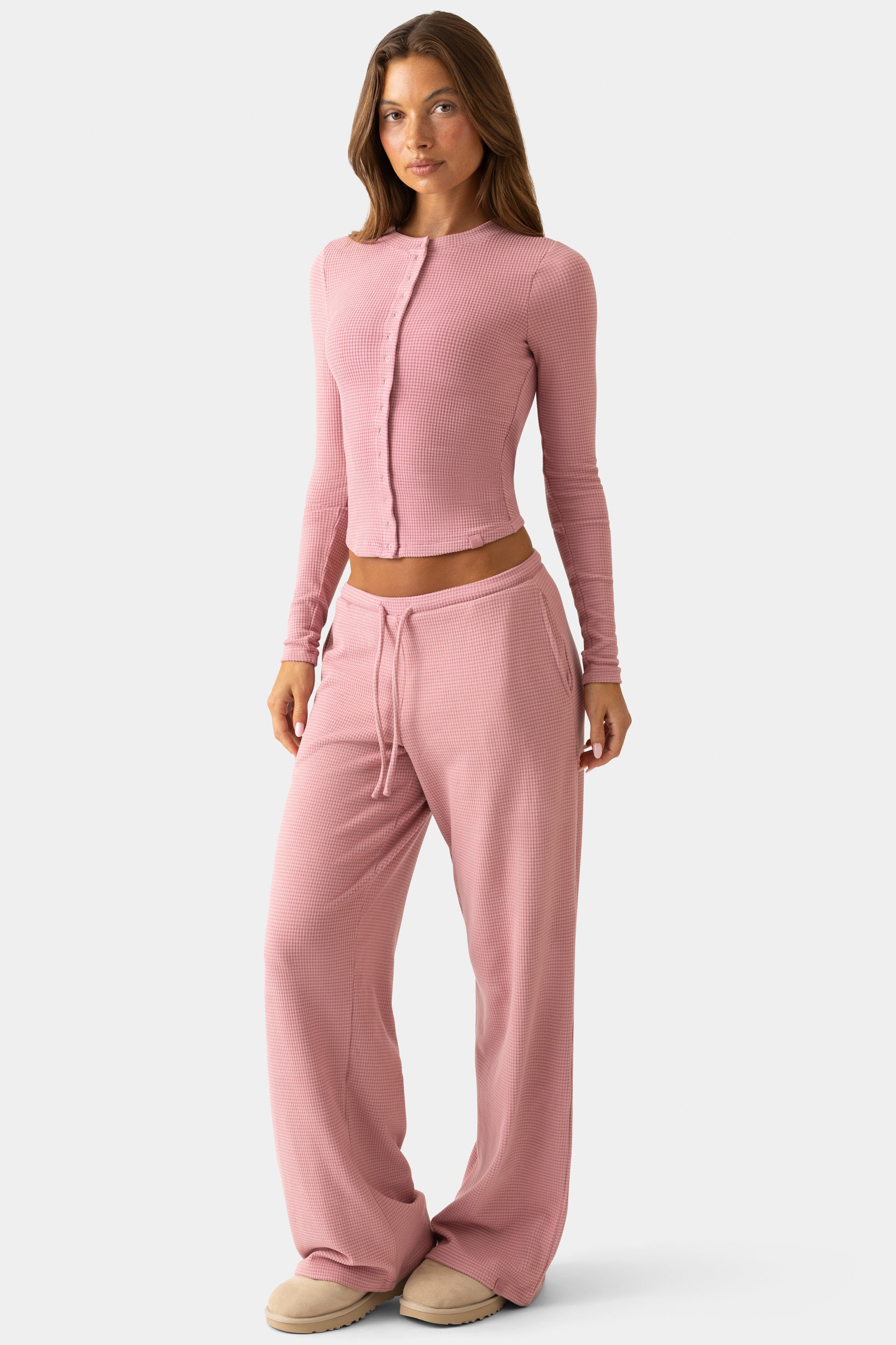 Ribbed Jersey Crewneck Cardigan  in Mauve