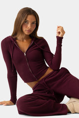 Ribbed Jersey Cropped Hoodie in Burgundy