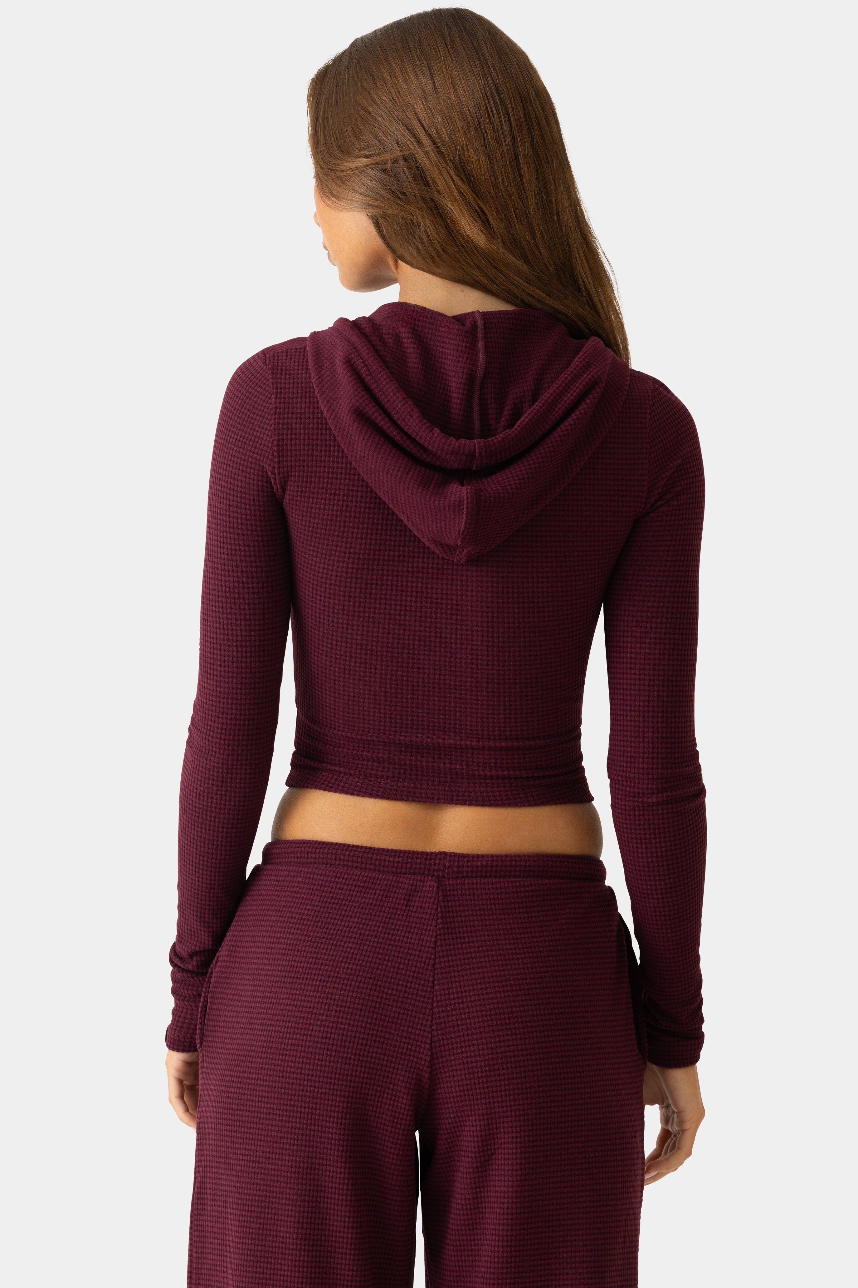 Ribbed Jersey Cropped Hoodie in Burgundy