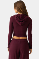 Ribbed Jersey Cropped Hoodie in Burgundy