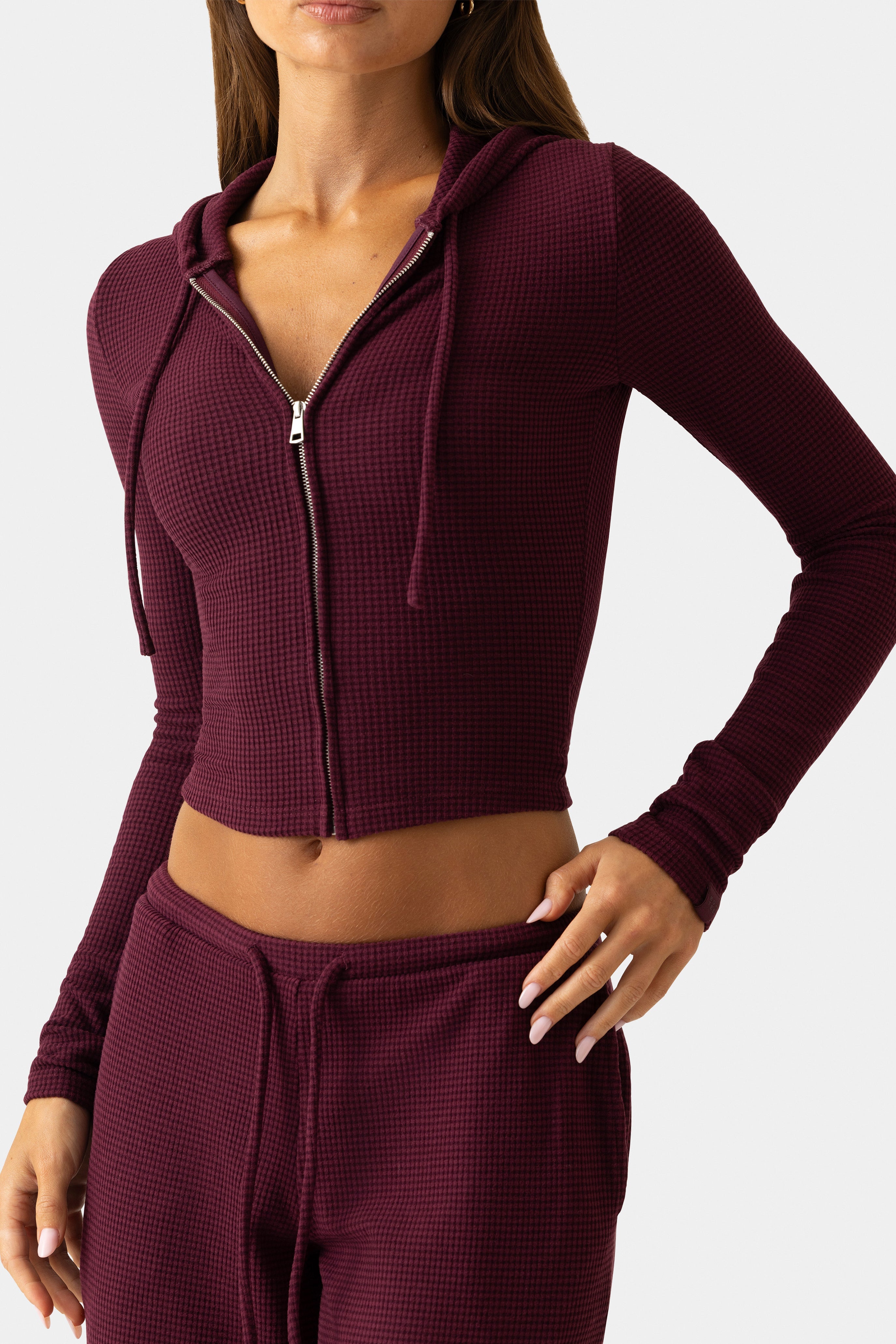 Ribbed Jersey Cropped Hoodie in Burgundy