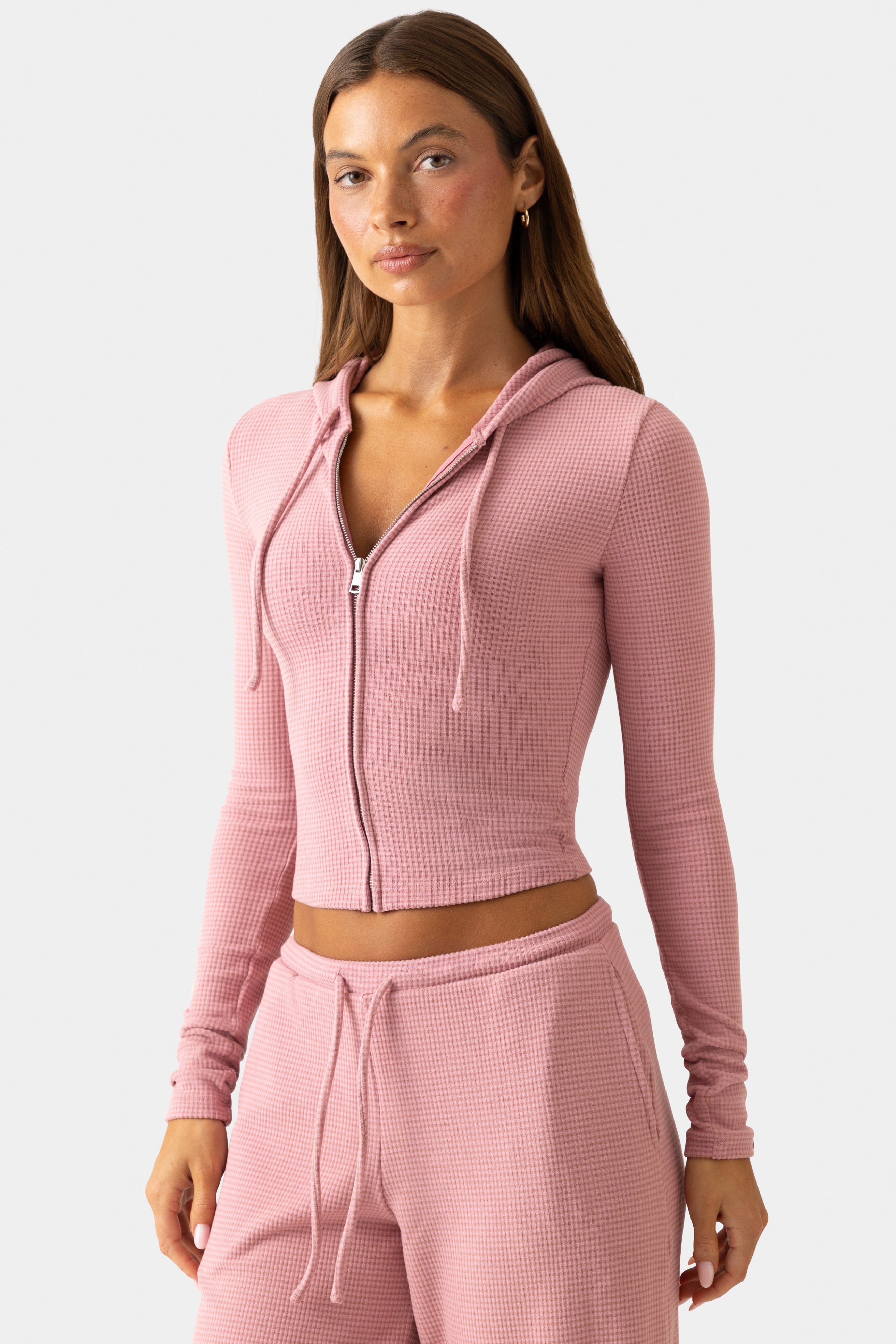 Ribbed Jersey Cropped Hoodie in Mauve