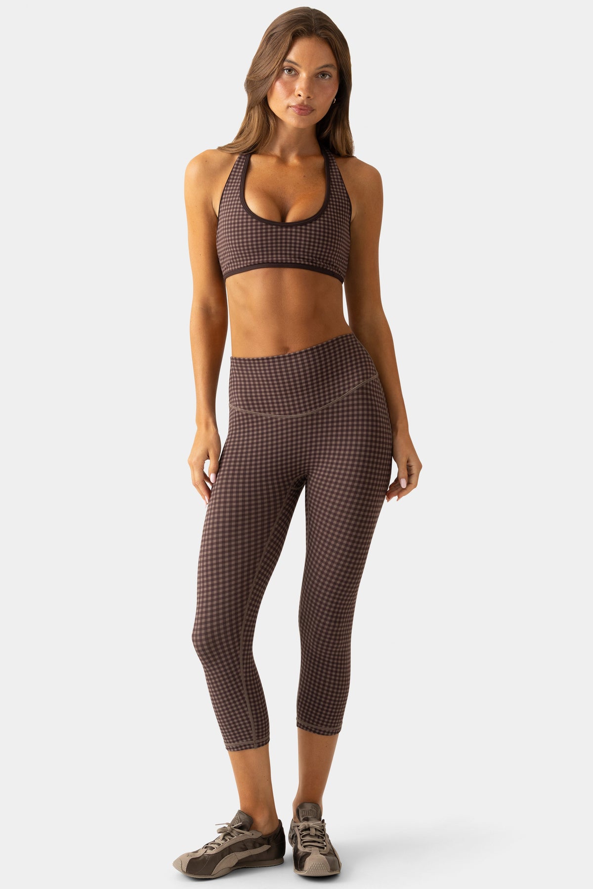Soft Active Capri Leggings in Espresso Gingham