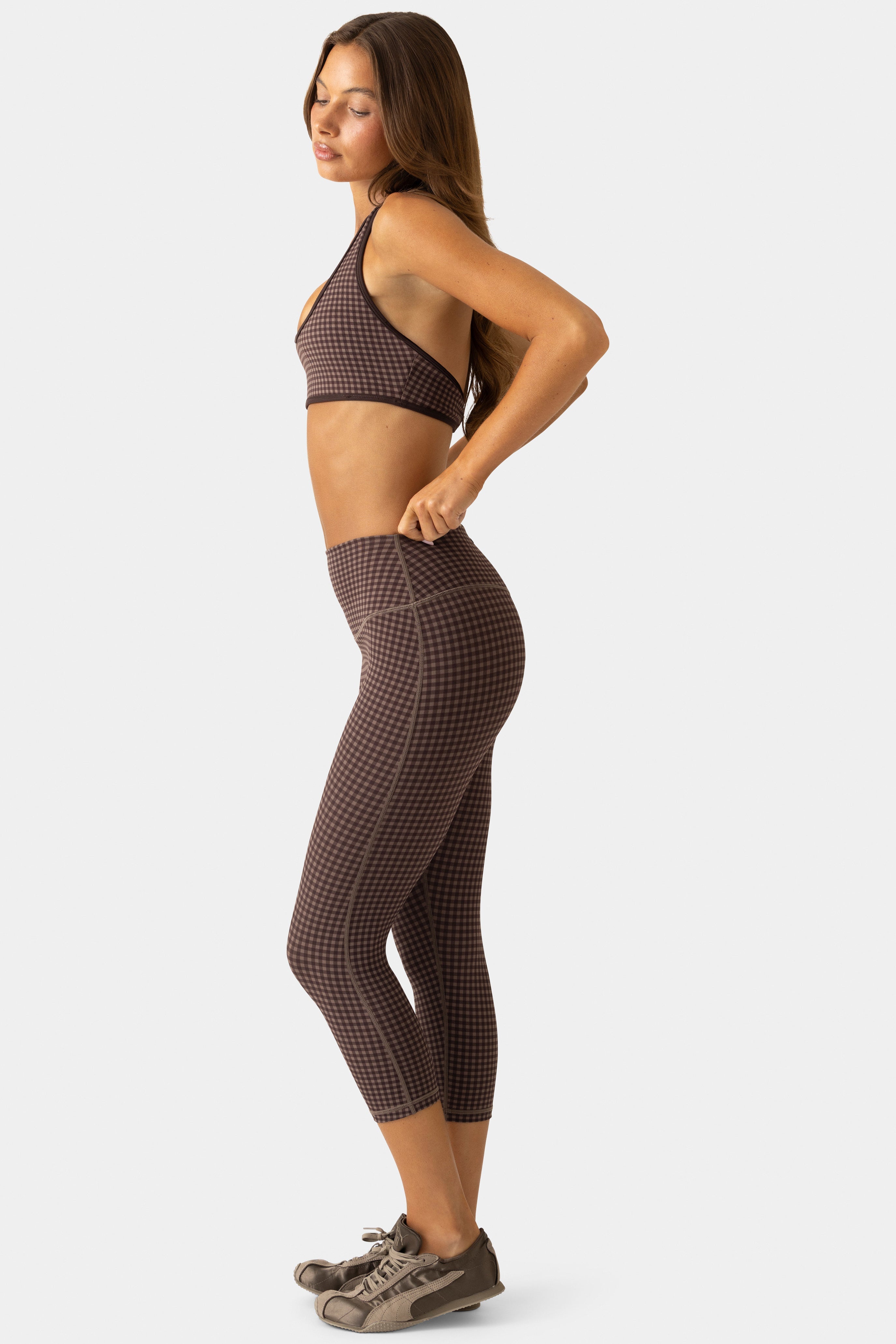Soft Active Capri Leggings in Espresso Gingham