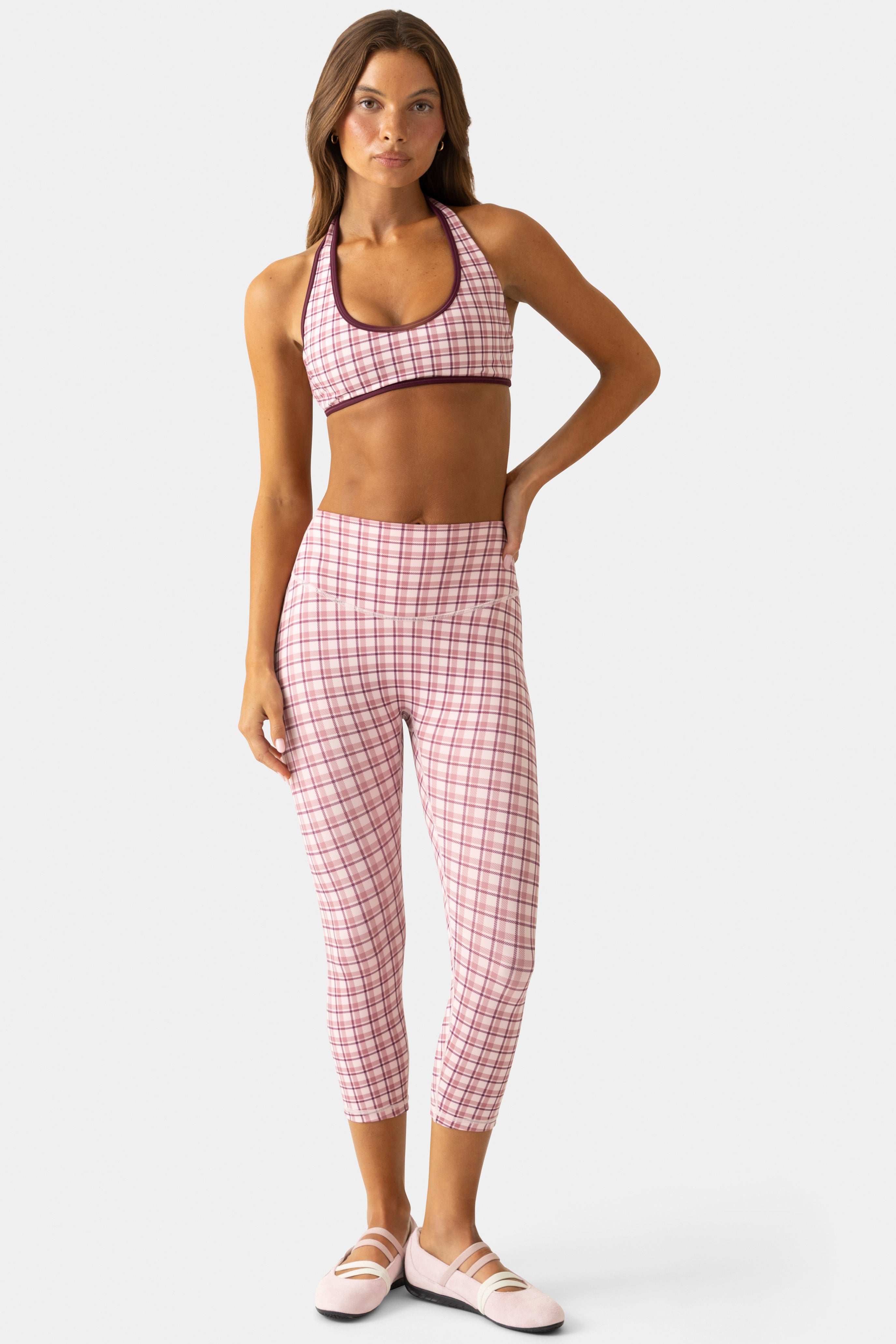 Soft Active Capri Leggings in Mauve Plaid