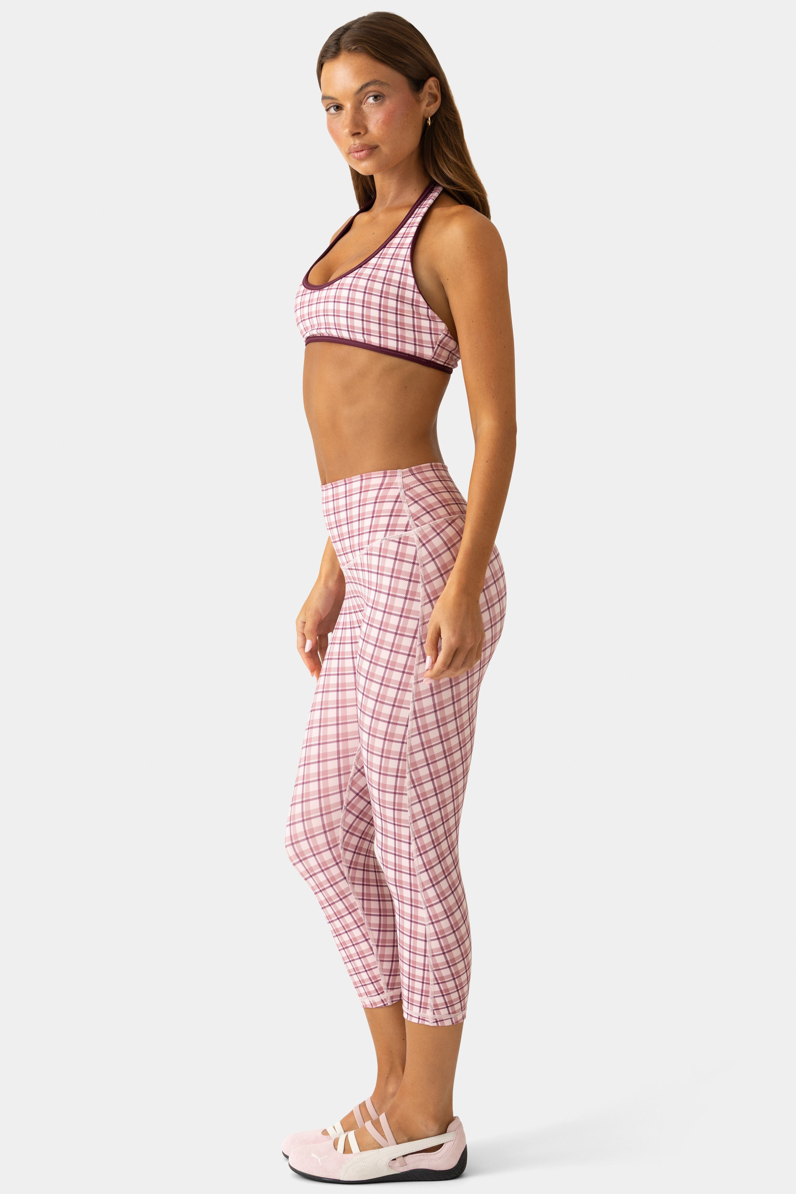 Soft Active Capri Leggings in Mauve Plaid