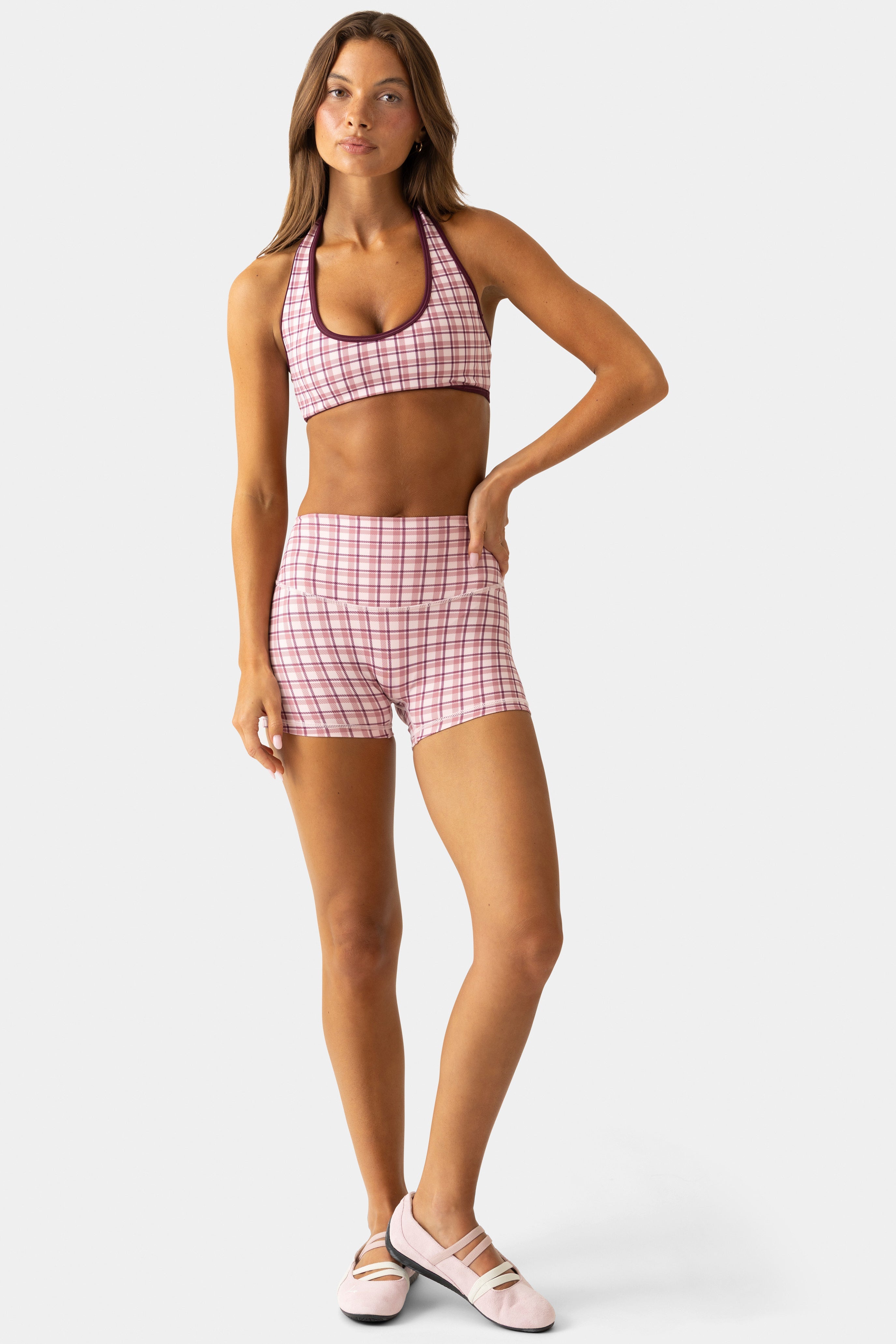 Soft Active Mini Shorts in Mauve Plaid