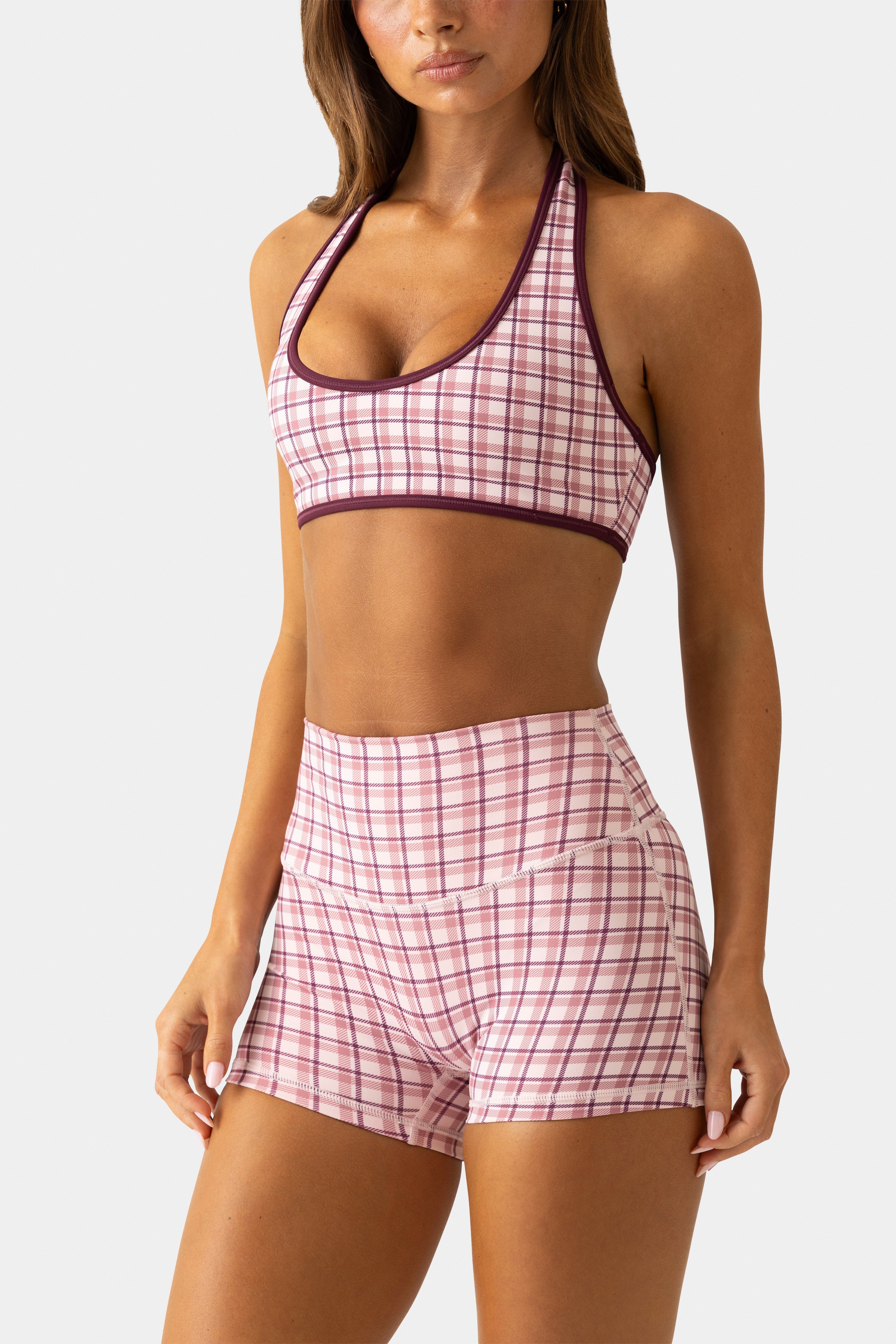Soft Active Mini Shorts in Mauve Plaid