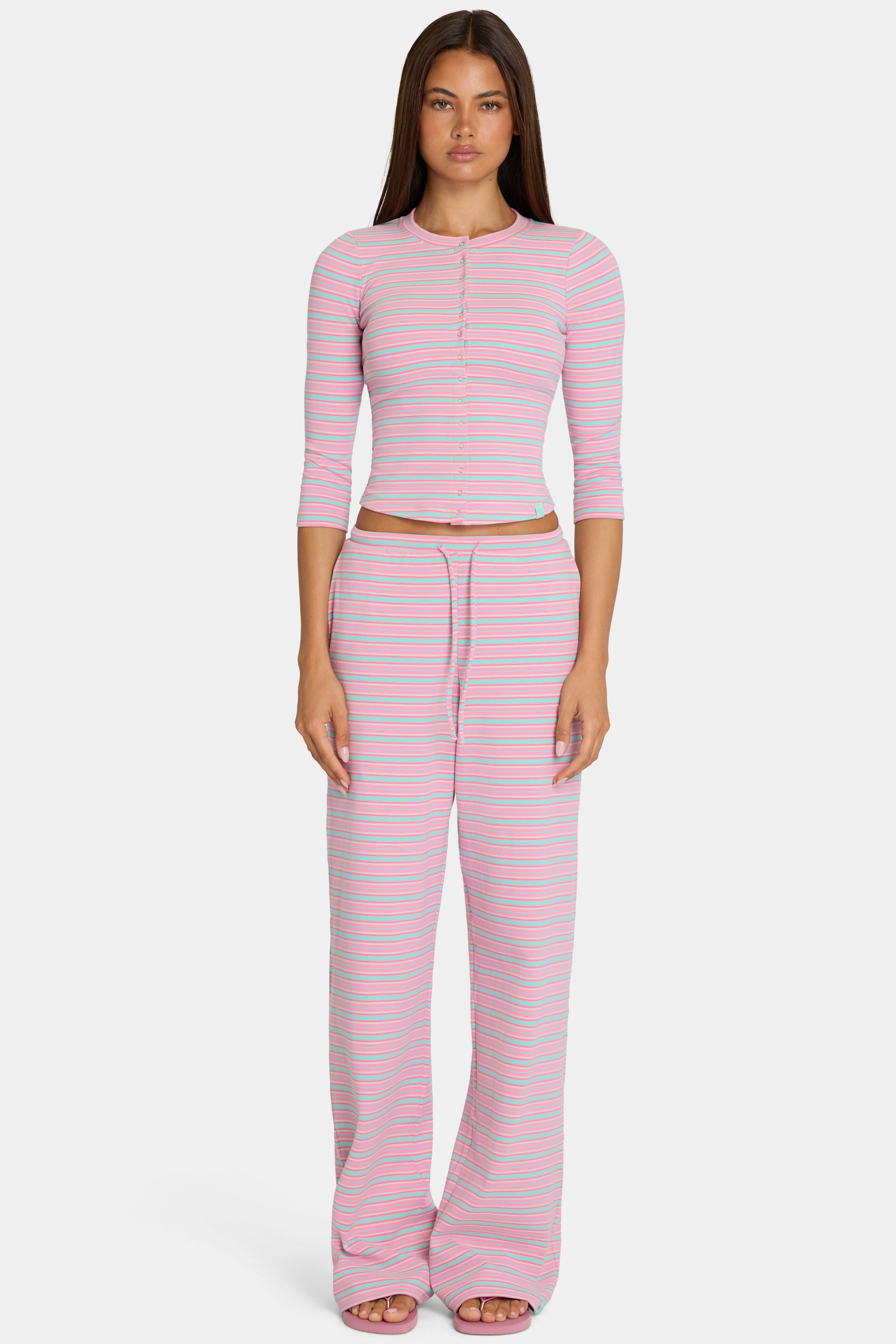 Brushed Jersey Low-Rise Trousers in Multi Stripe
