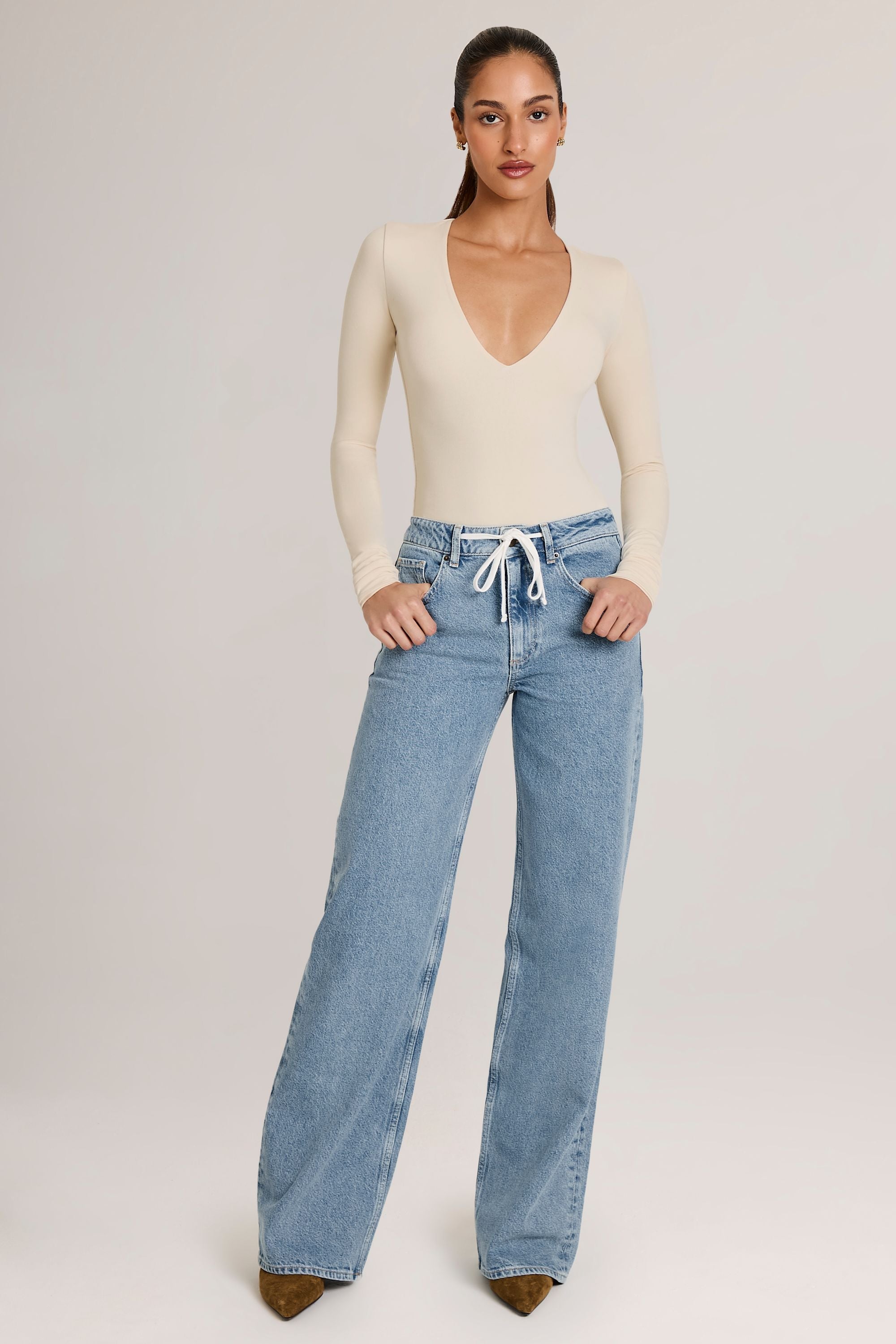 Modal Plunge Long-Sleeve Bodysuit  in Ivory