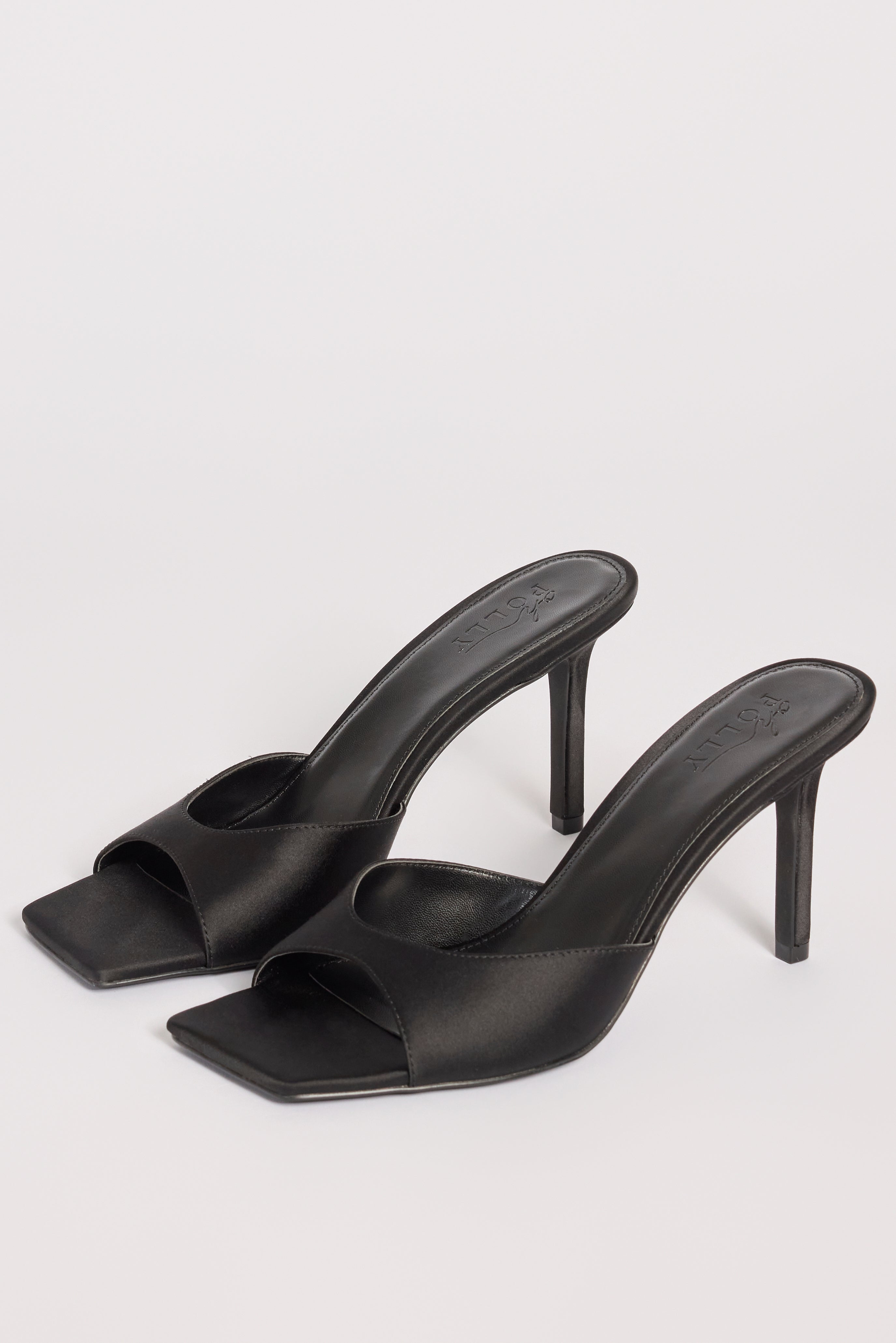 Satin Heeled Mule Sandal in Black