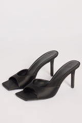 Satin Heeled Mule Sandal in Black