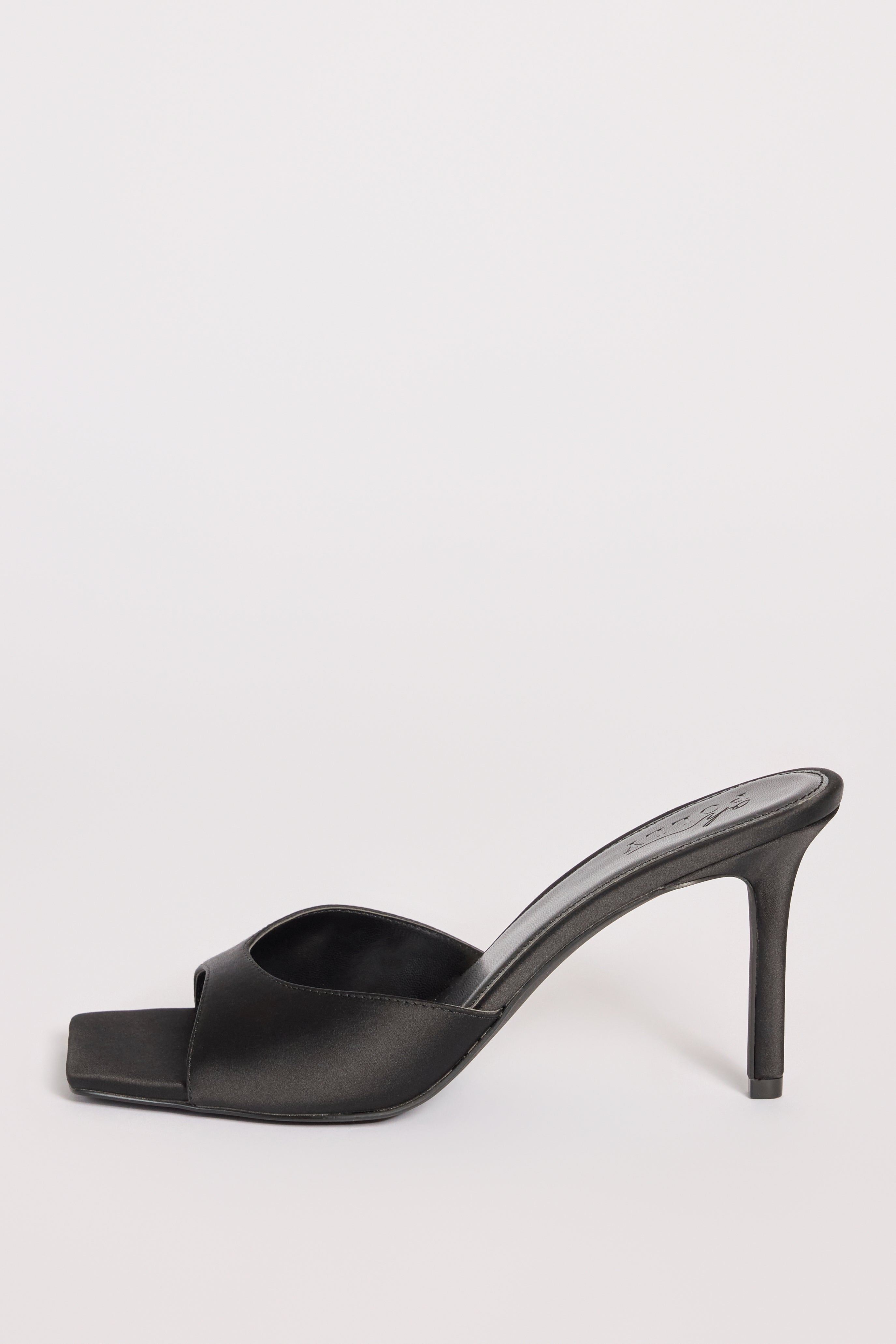 Satin Heeled Mule Sandal in Black