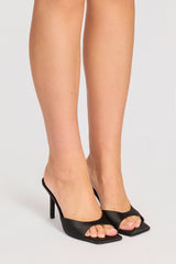Satin Heeled Mule Sandal in Black