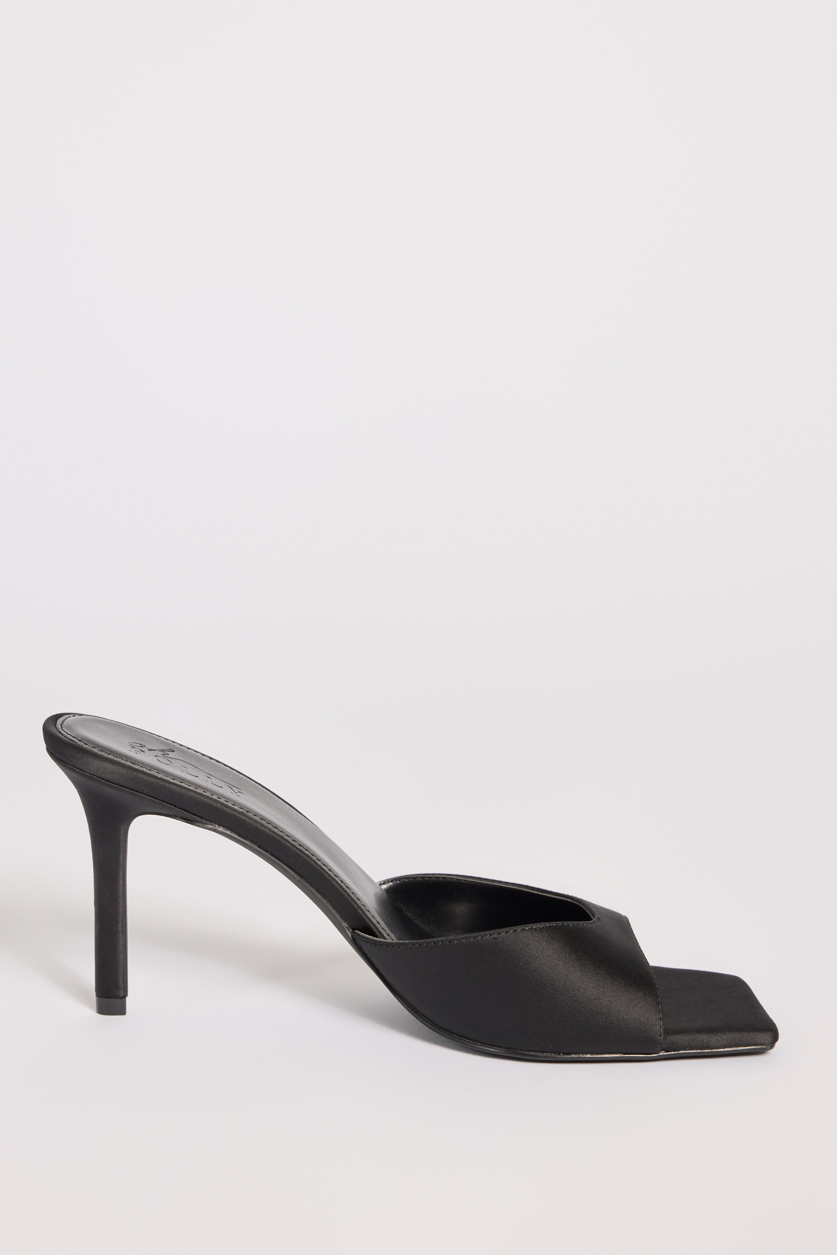 Satin Heeled Mule Sandal in Black