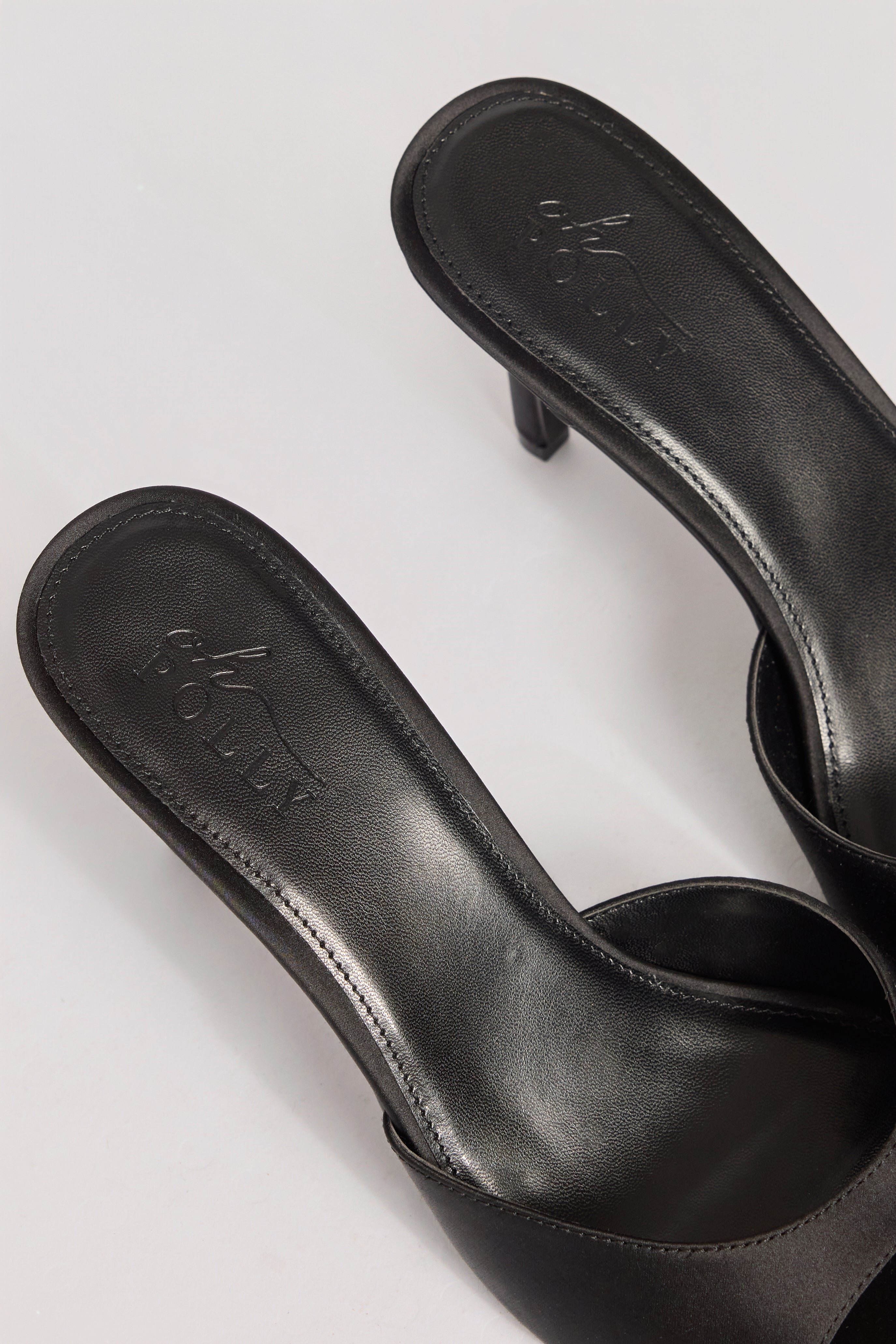 Satin Heeled Mule Sandal in Black