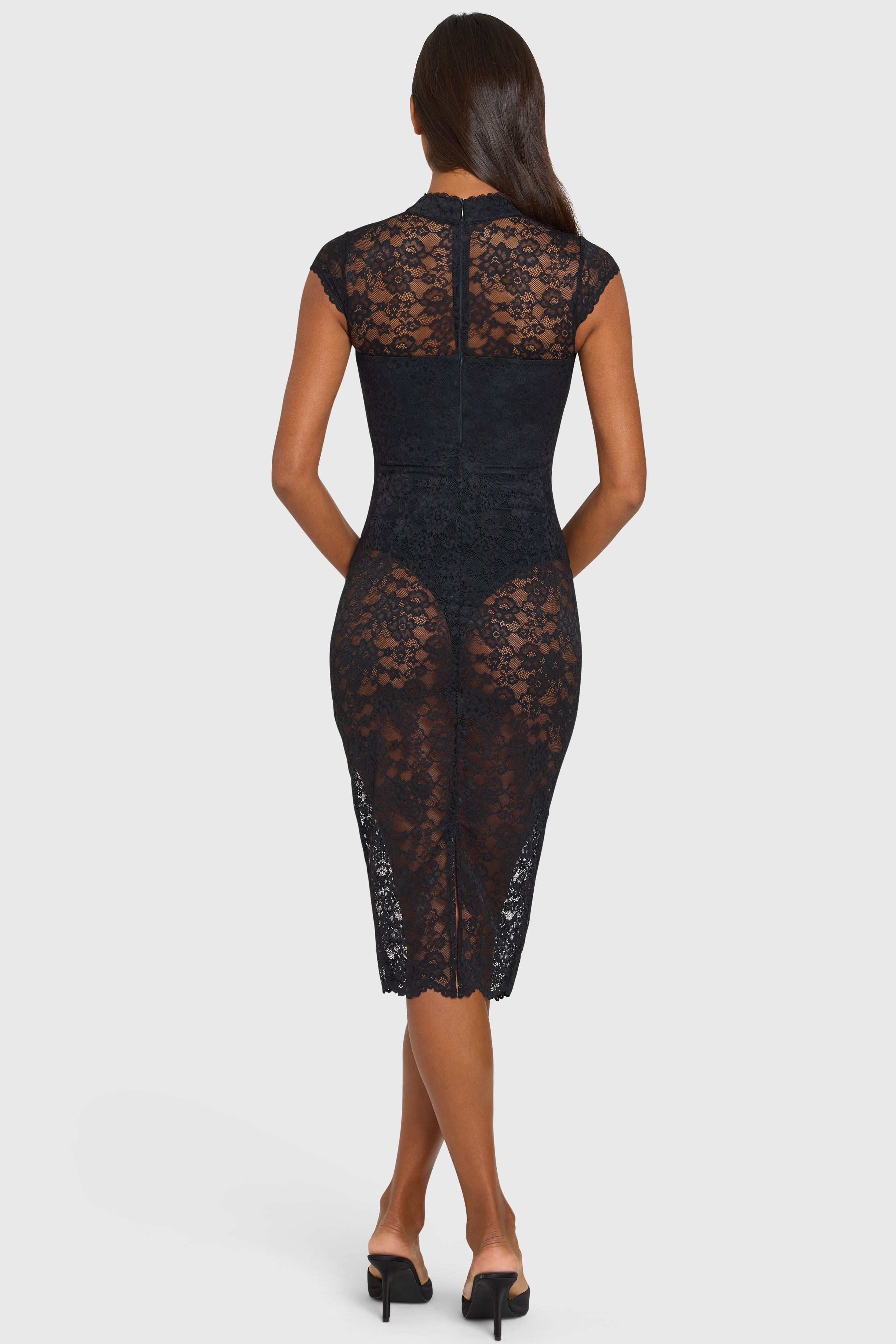 Lace Cut-Out Sheer Midi Dress in Black