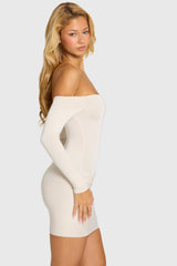 Off-Shoulder Long-Sleeve Mini Dress in Snow