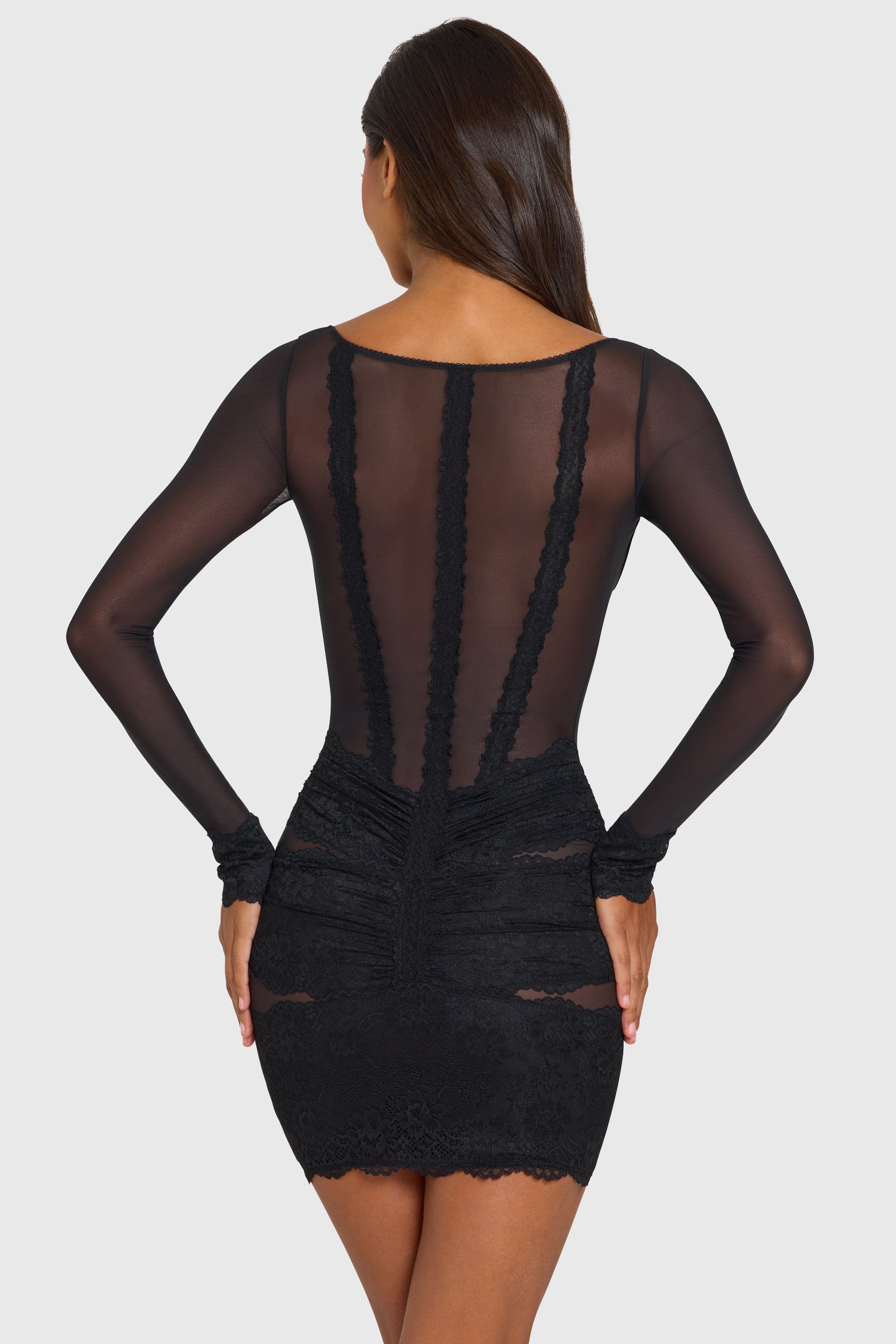Placed Lace-Trim Long-Sleeve Mini Dress in Black