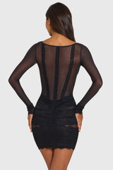 Placed Lace-Trim Long-Sleeve Mini Dress in Black
