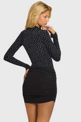Button Front Long-Sleeve Mini Dress in Black Polka Dot