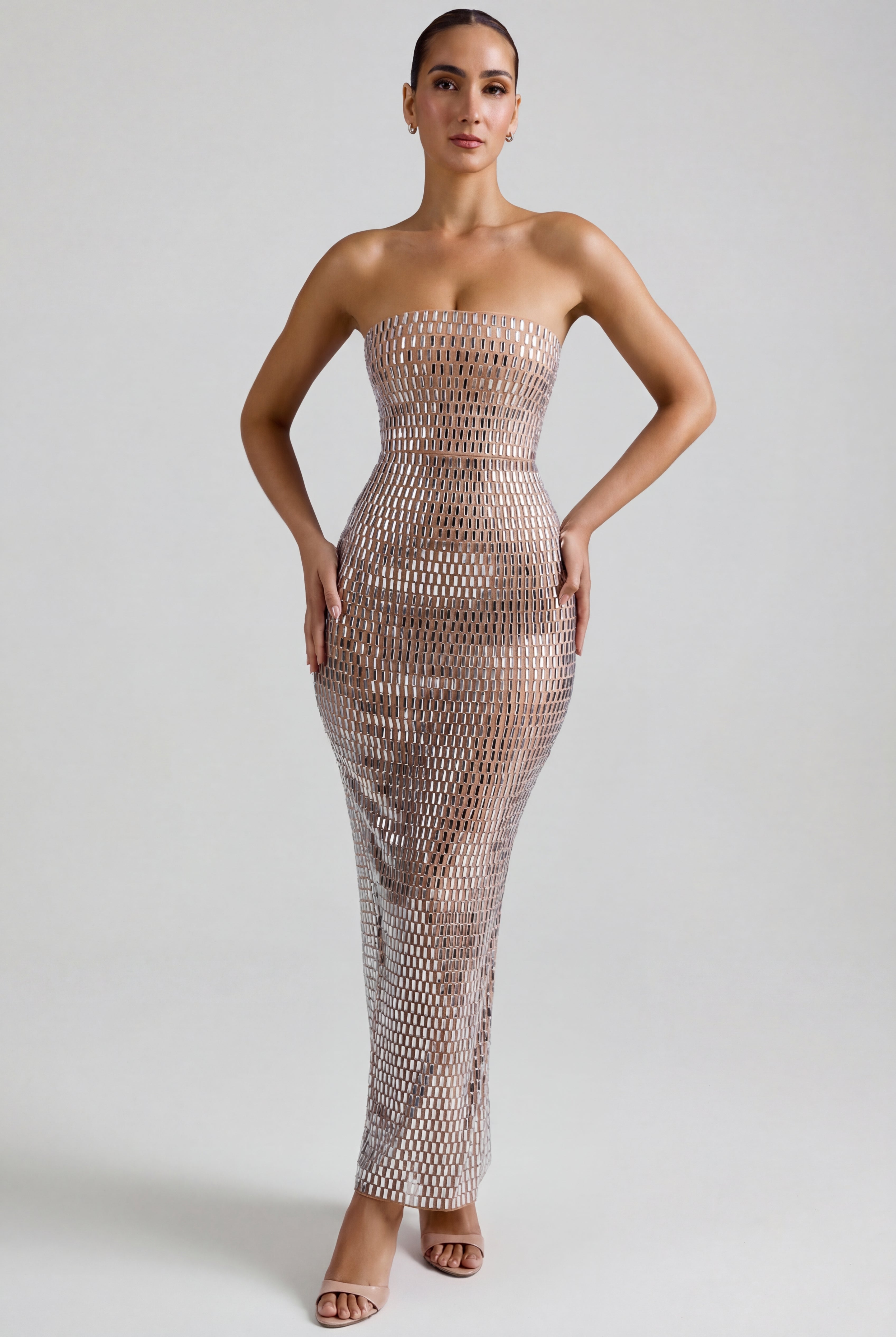 Embellished Bandeau Maxi Dress in Almond