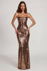 Embellished Straight-Neck Maxi Dress in Copper Gold