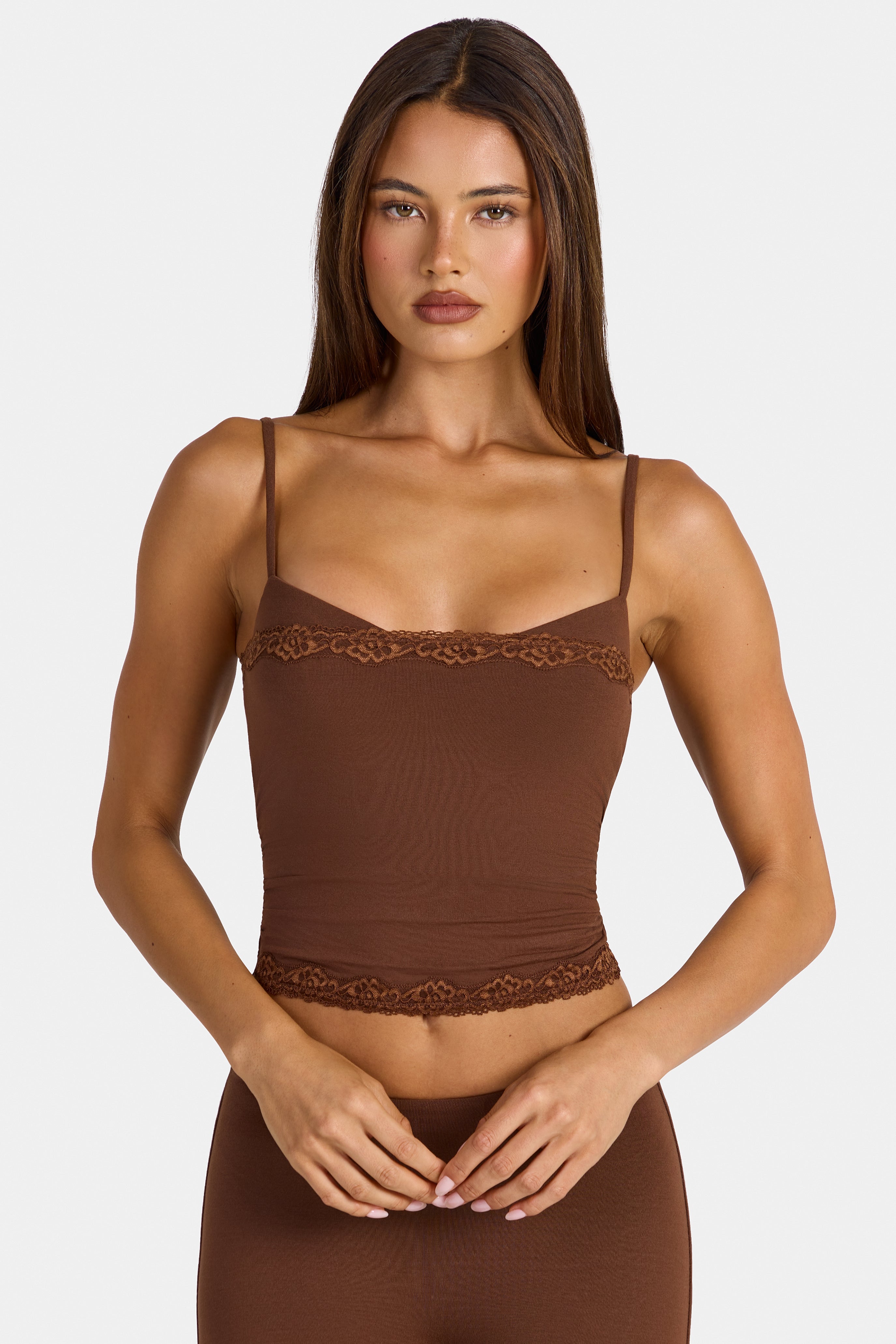 Modal Lace-Trim Peekaboo Tank Top in Cocoa Brown