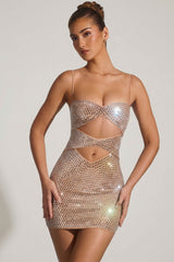 Embellished Cut-Out Mini Dress in Honey