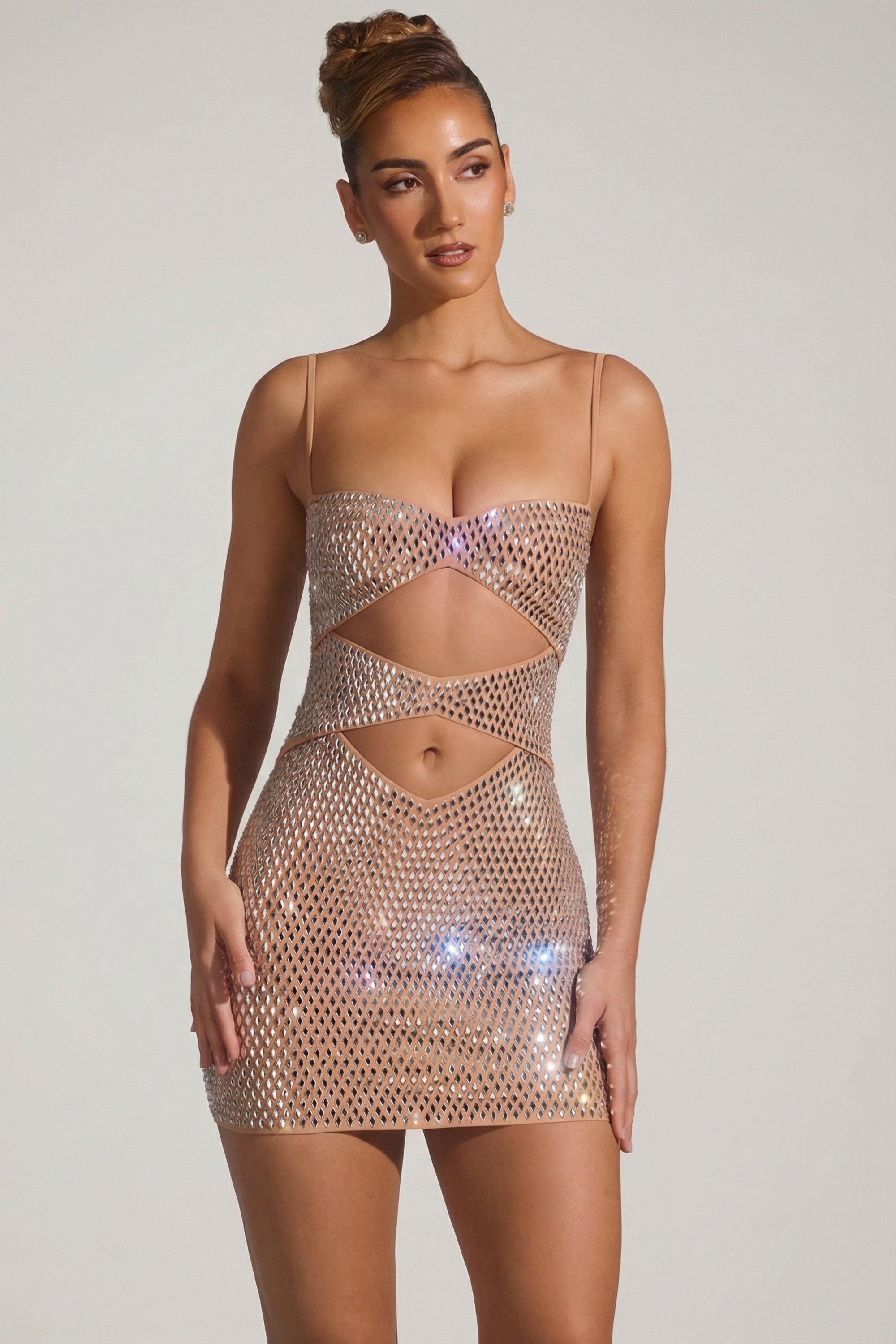Embellished Cut-Out Mini Dress in Honey