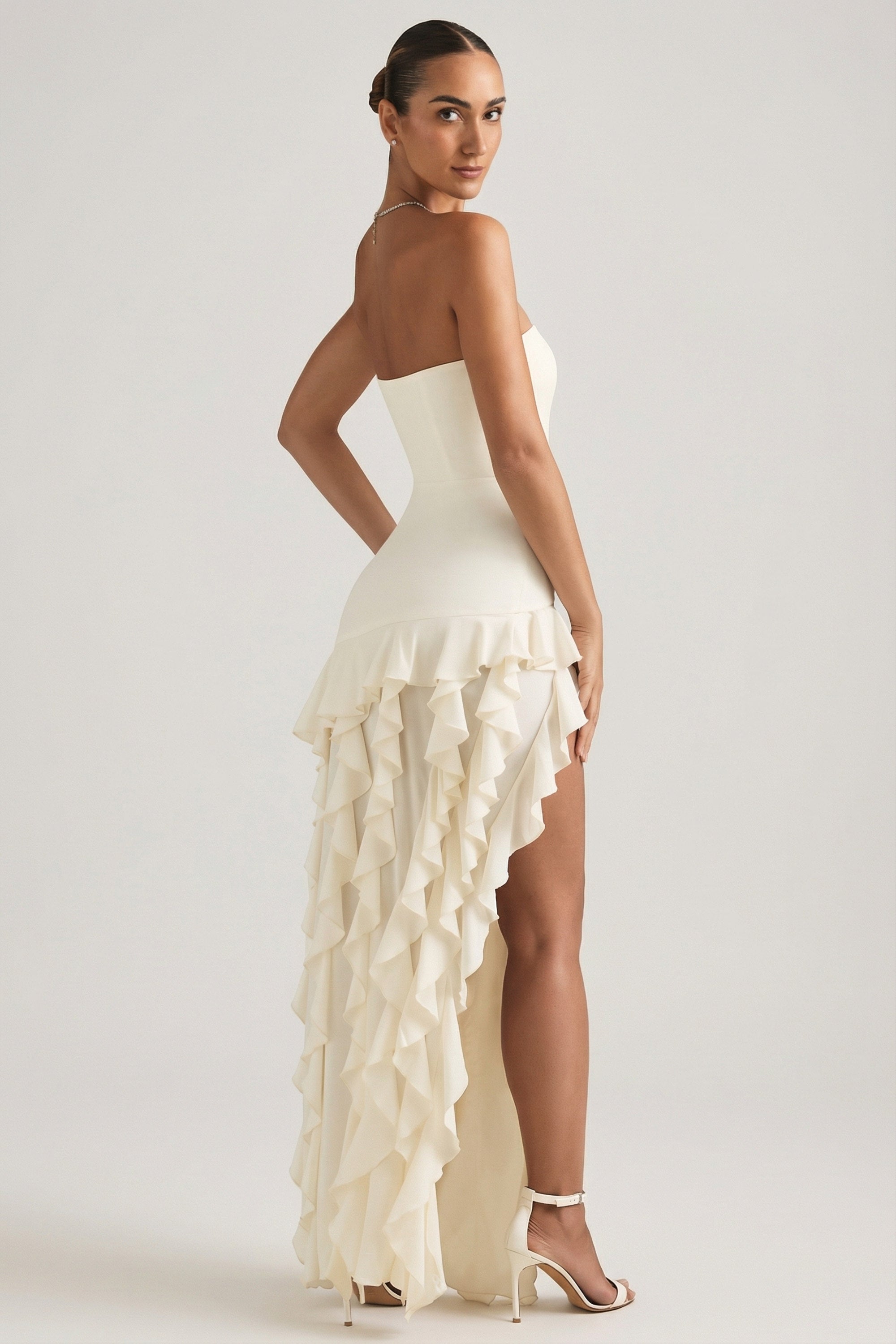 Ruffle-Trim Strapless Gown in Pearl