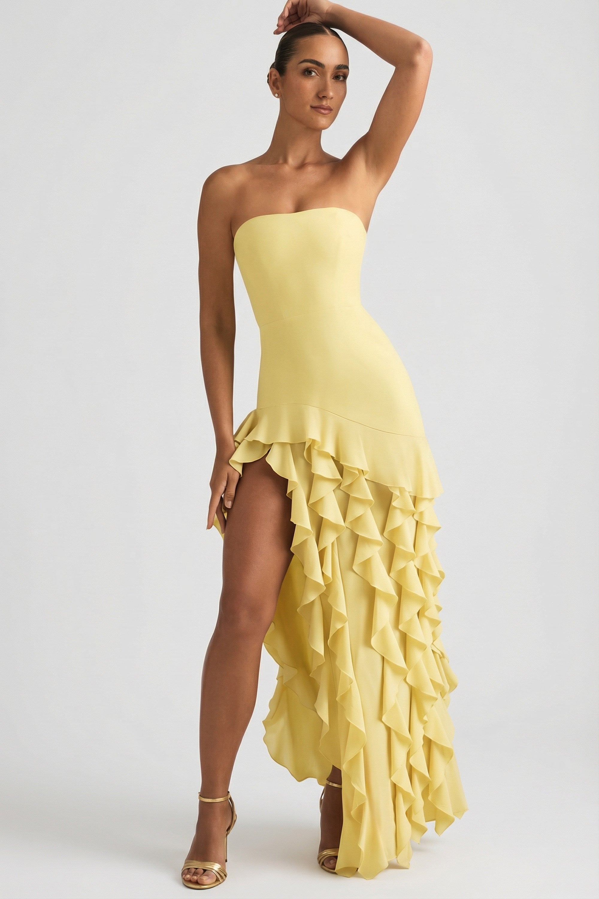 Ruffle-Trim Strapless Gown in Daffodil