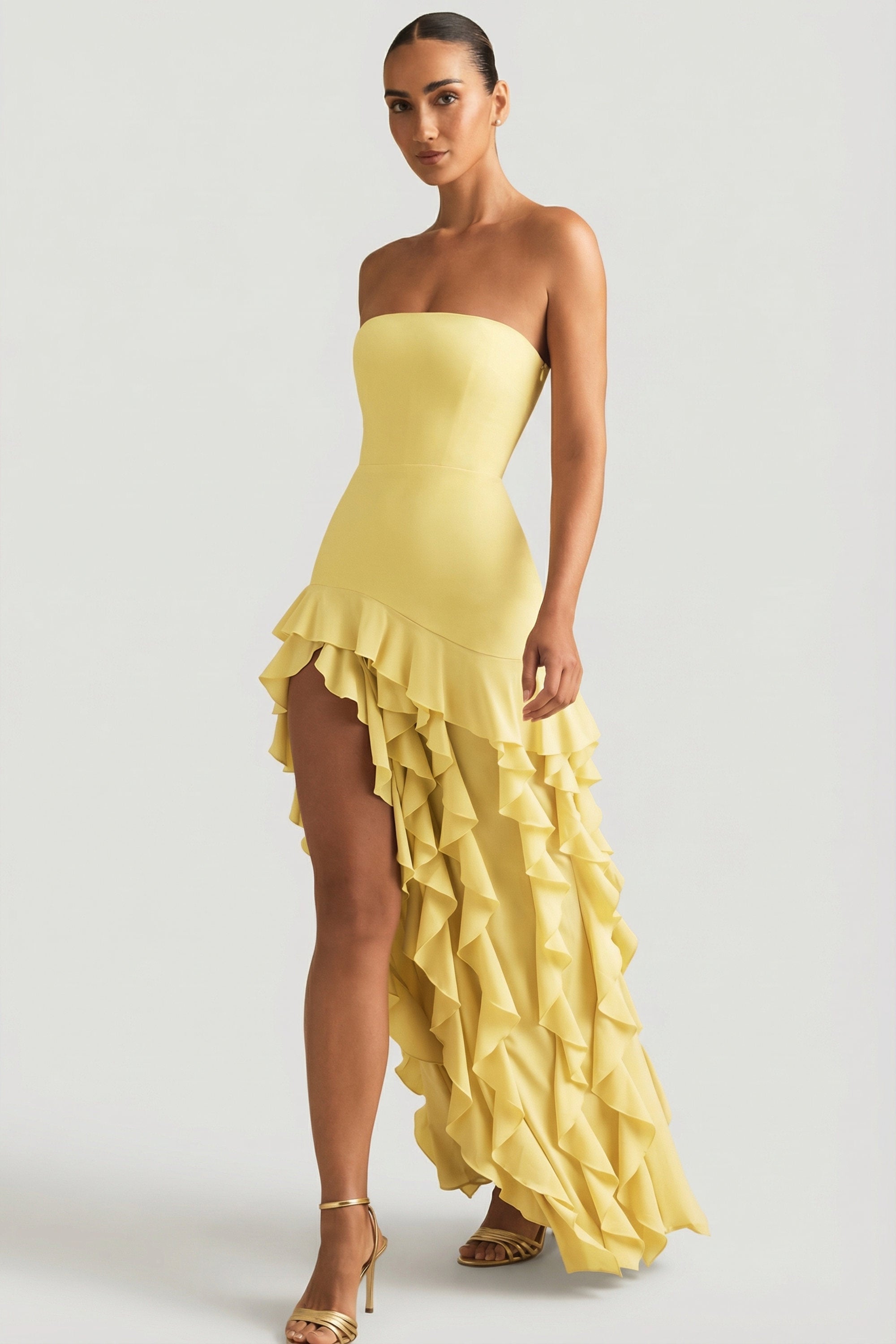 Ruffle-Trim Strapless Gown in Daffodil