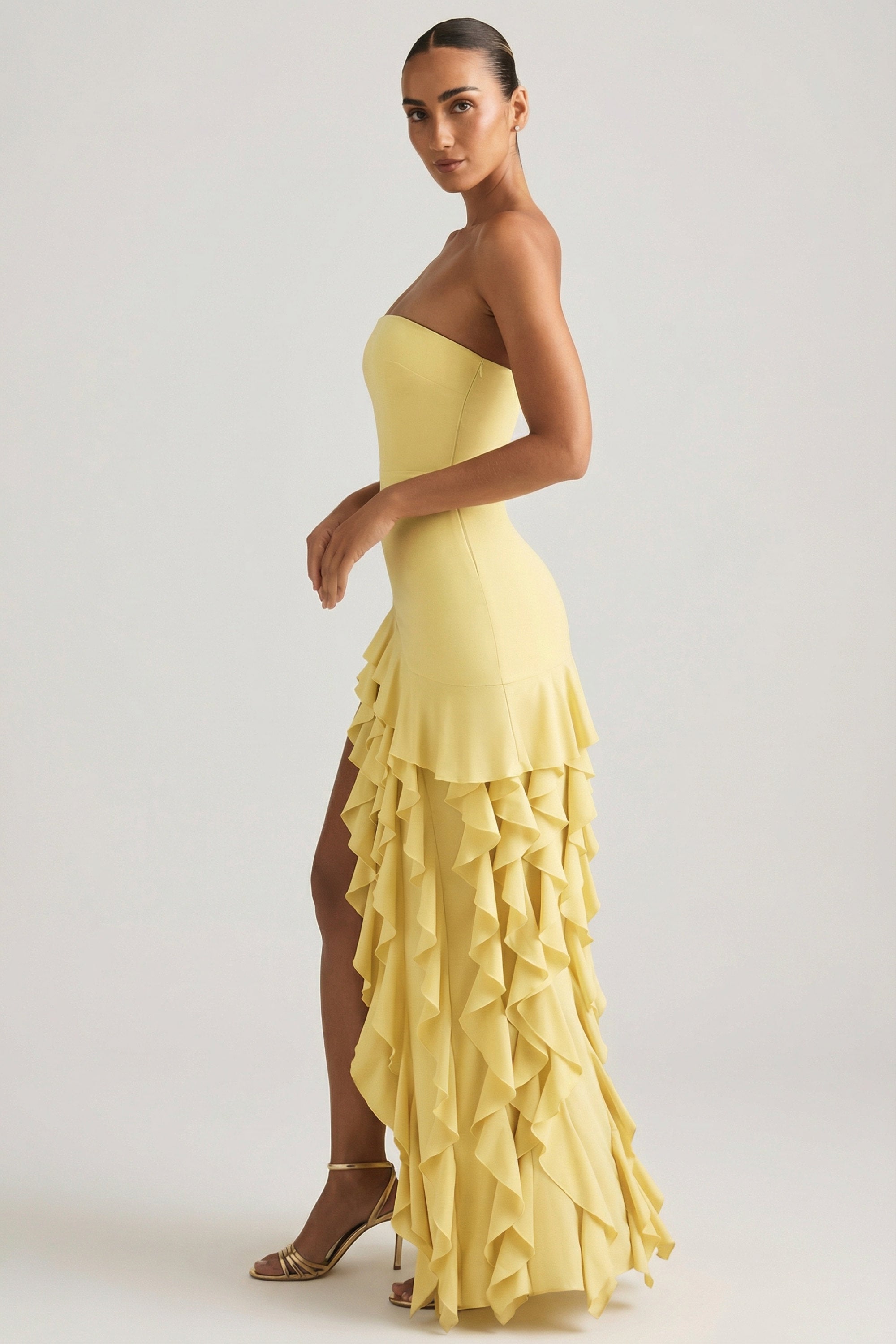 Ruffle-Trim Strapless Gown in Daffodil