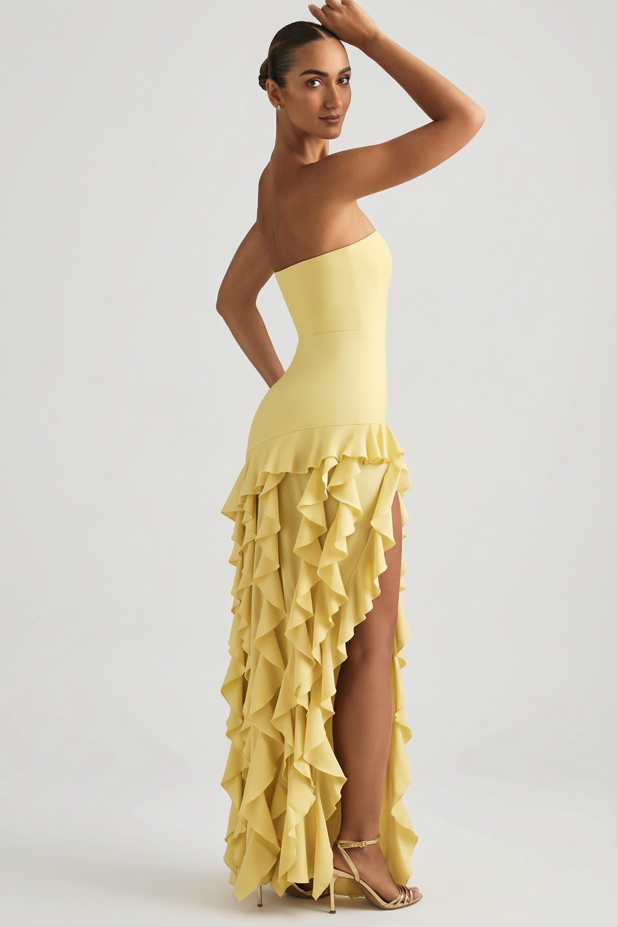 Ruffle-Trim Strapless Gown in Daffodil