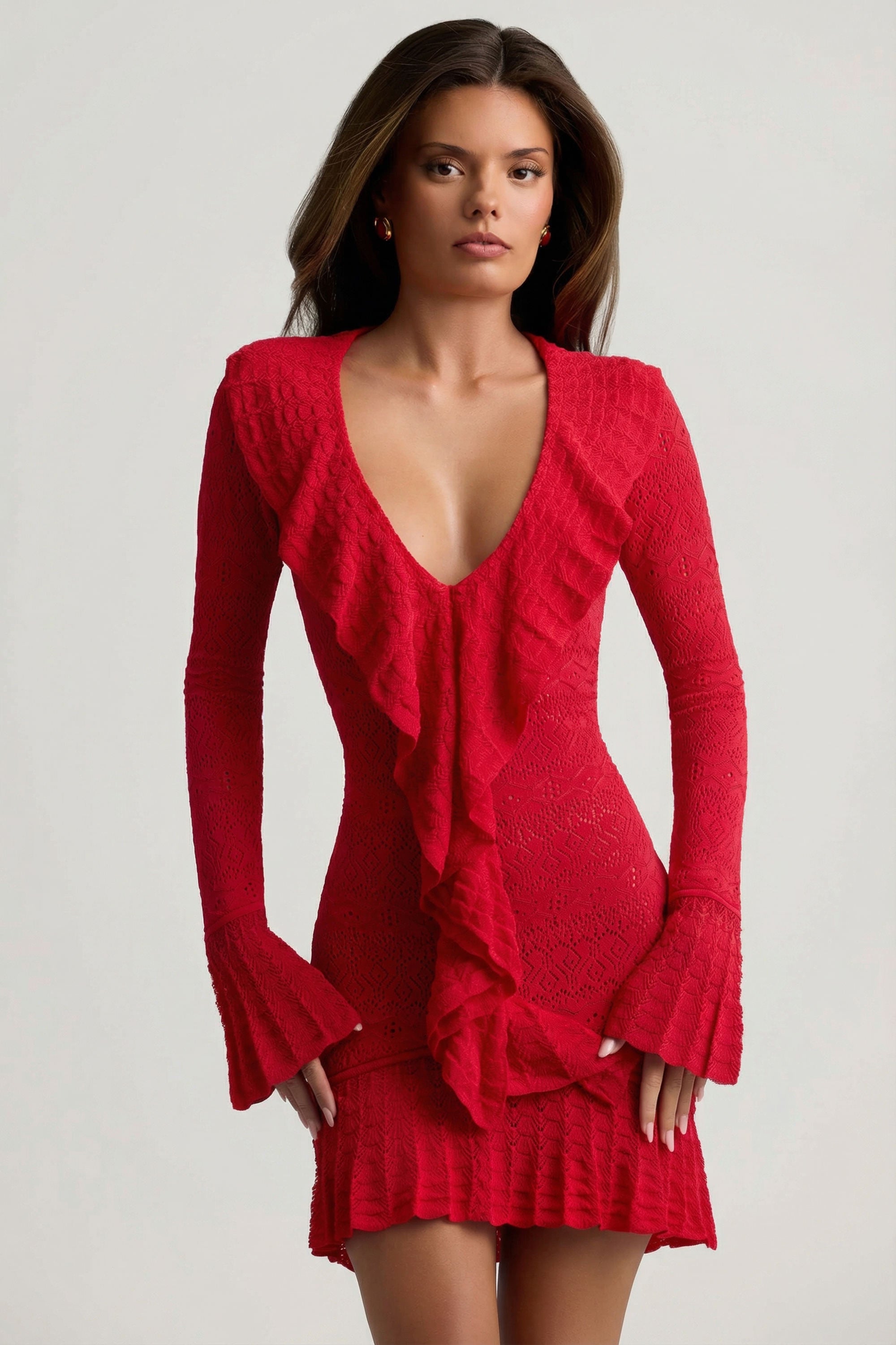 Ruffle-Trim Pointelle-Knit Mini Dress in Cherry