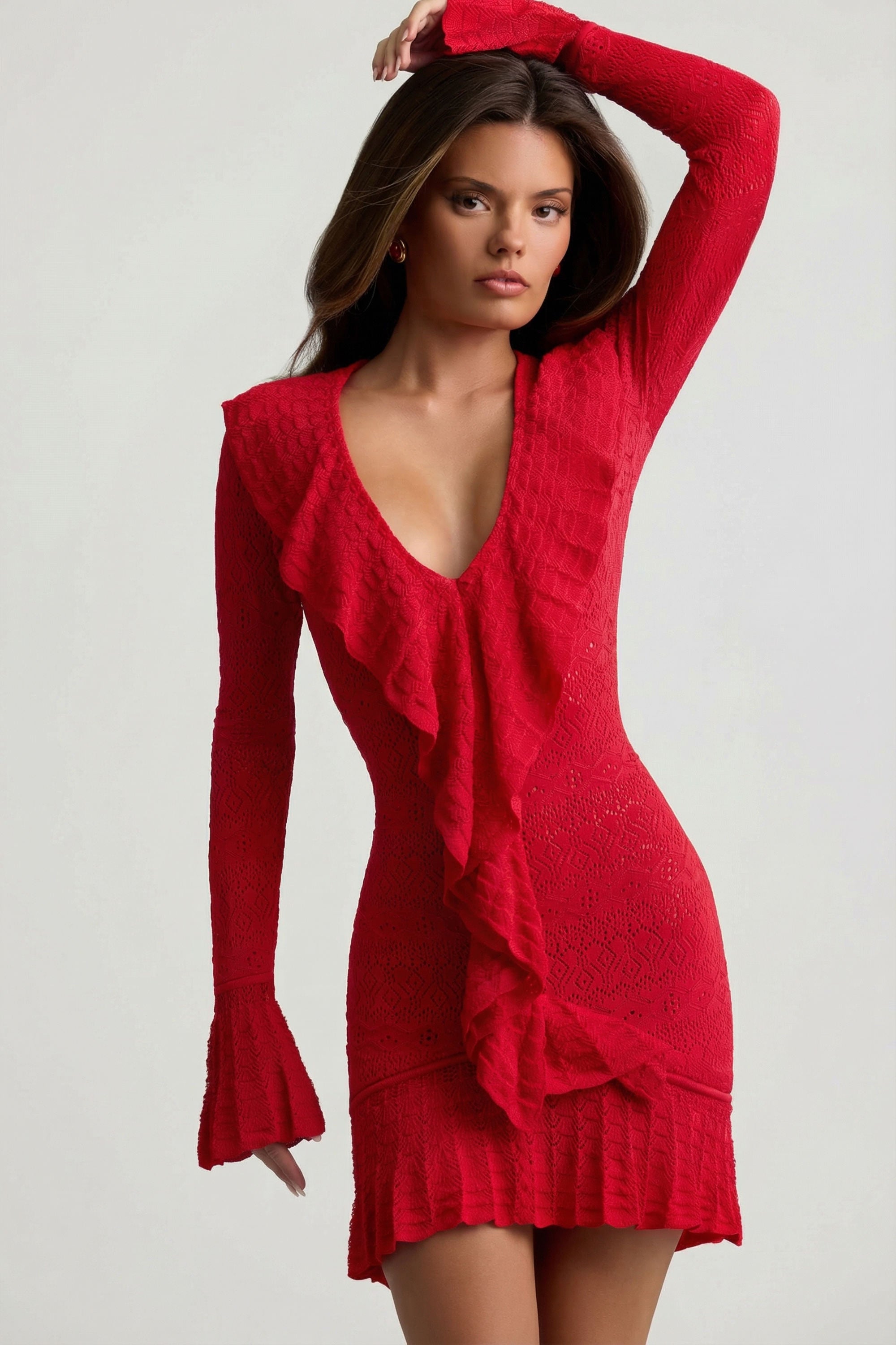 Ruffle-Trim Pointelle-Knit Mini Dress in Cherry
