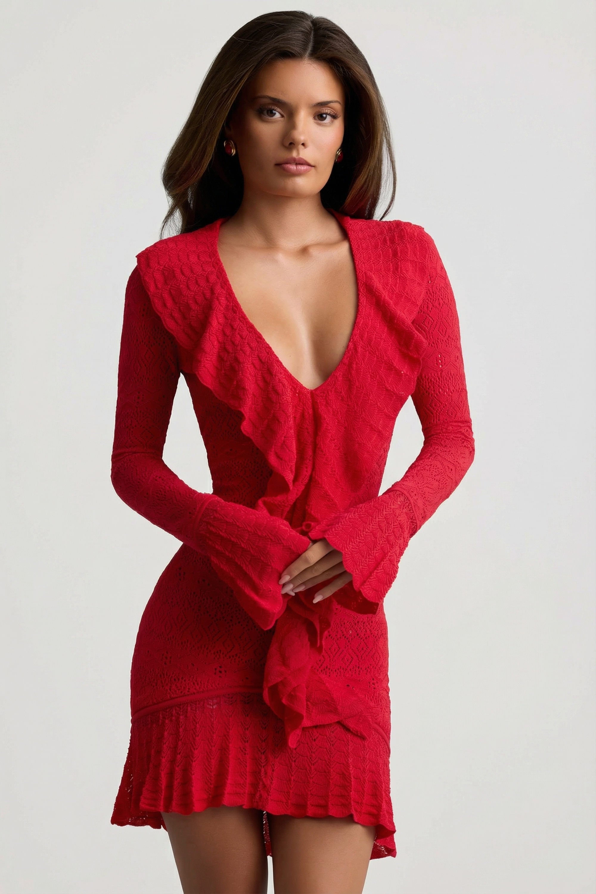 Ruffle-Trim Pointelle-Knit Mini Dress in Cherry