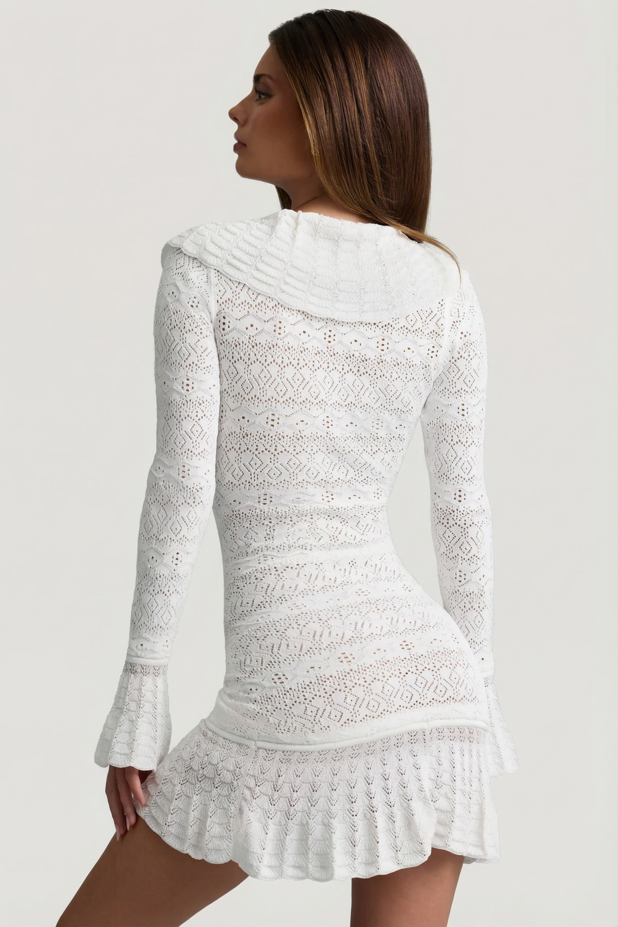 Ruffle-Trim Pointelle-Knit Mini Dress in Coconut