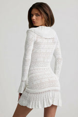 Ruffle-Trim Pointelle-Knit Mini Dress in Coconut