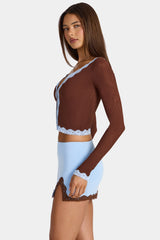 Lace-Trim Cropped Cardigan  in Cocoa Brown