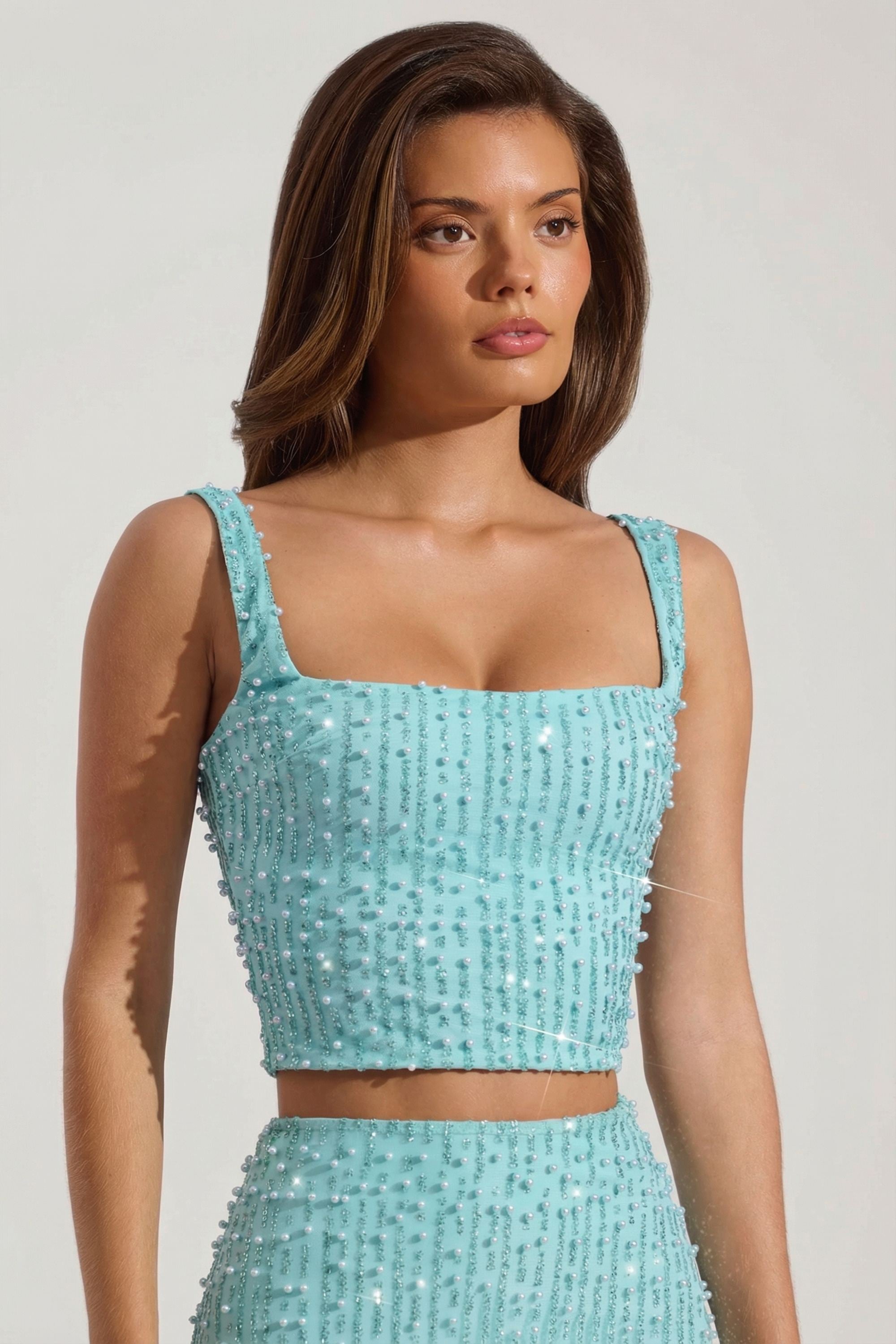 Embellished Square-Neck Crop Top in Aquamarine