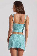 Embellished Square-Neck Crop Top in Aquamarine