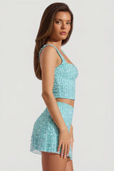 Embellished Square-Neck Crop Top in Aquamarine