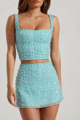 Embellished Square-Neck Crop Top in Aquamarine